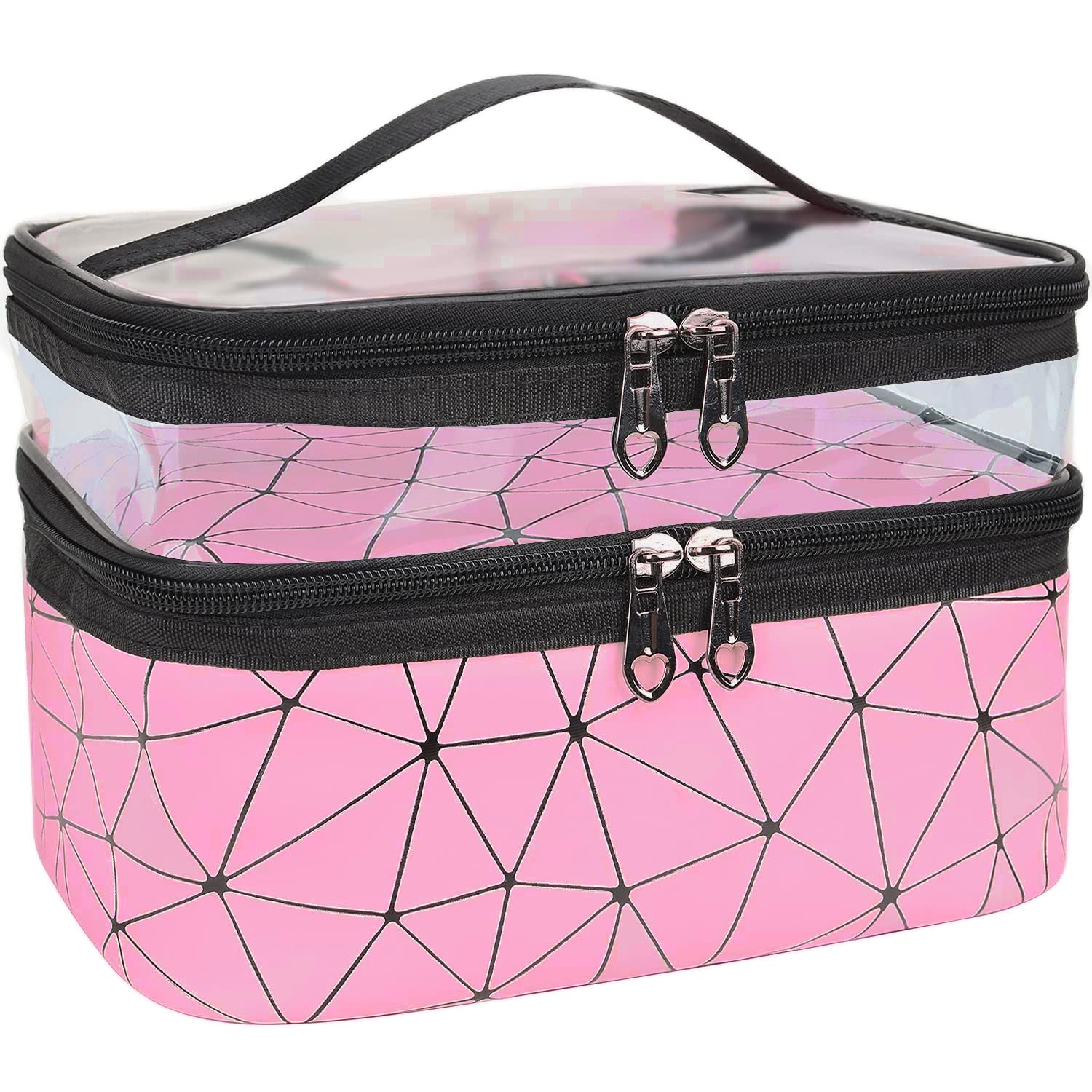 INOVERA Faux Leather Double Layer Travel Makeup Bag - Pink Diamond Cosmetic Organizer (22.5 x 16.5 x 15 cm) for Toiletries & Beauty Essentials | Perfect for Vacation, Gym & Daily Use