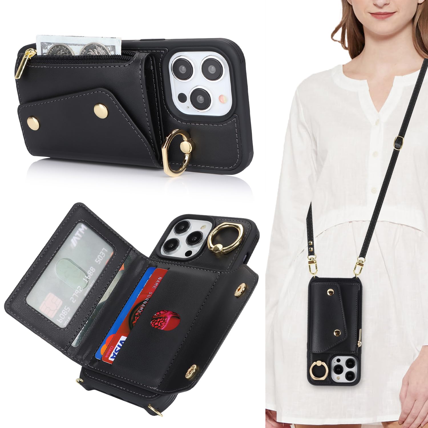 Premium iPhone 15 Pro Case with Card Holder & Crossbody Strap - 6.1 Inch Wallet Phone Case Featuring Zipper Pocket, Stand Ring & Credit Card Slots (Black) - Perfect for Women's Daily Use, Travel, Shopping & Hands-Free Convenience
