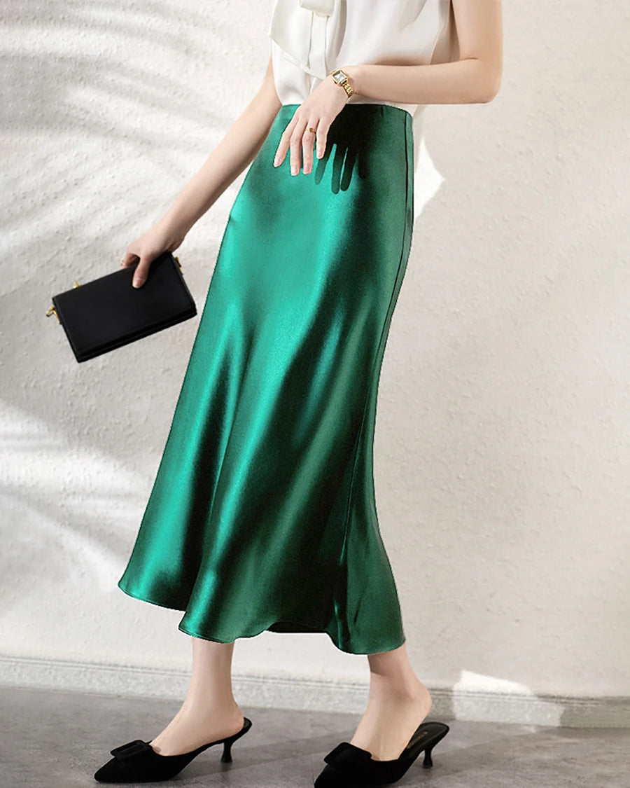 Elegant Silk Midi Skirts for Women - Stretchy Elastic Waistband, Flowy A-Line Design - Perfect for Office Wear, Date Nights & Special Occasions