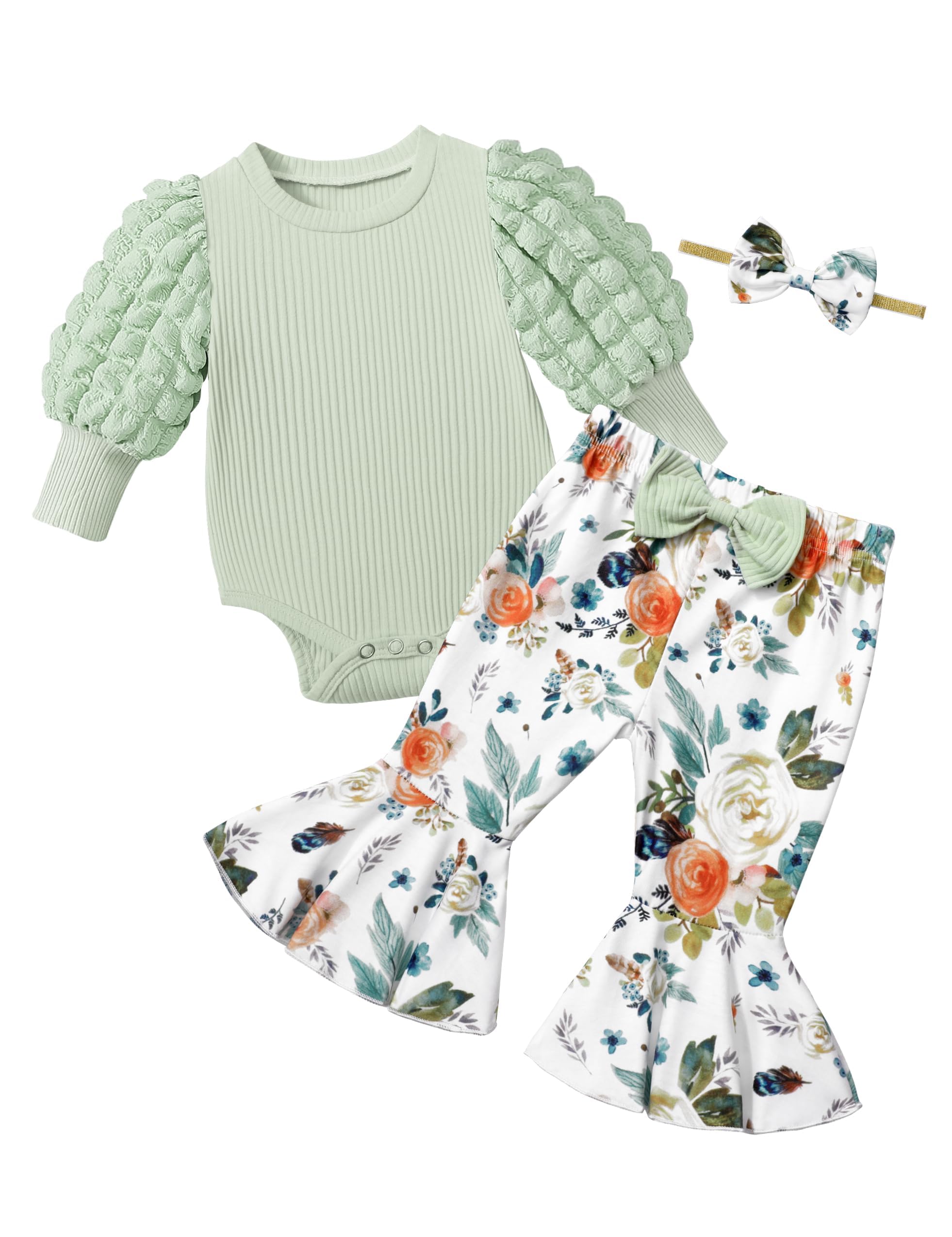 NAPU 3-Piece Baby Girl Outfits - Long Sleeve Romper & Flare Pants Set with Headband | Winter Clothes for Girls | Perfect for Fall Photoshoots, Holiday Gifts & Daily Wear