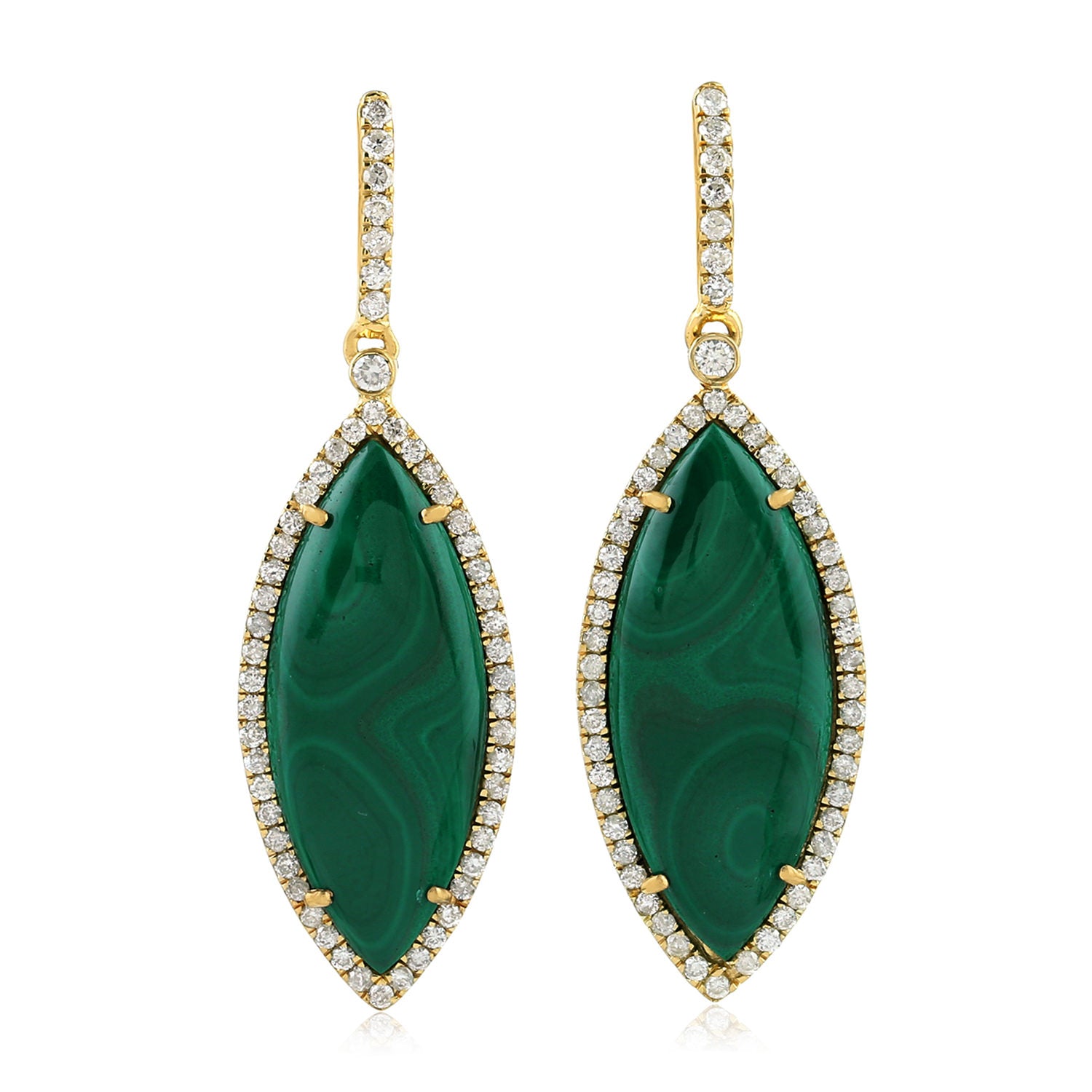 Elegant Marquise Malachite Gemstone Pave Diamond Dangler Earrings in 14K Yellow Gold for Women - Perfect for Weddings, Parties & Special Occasions