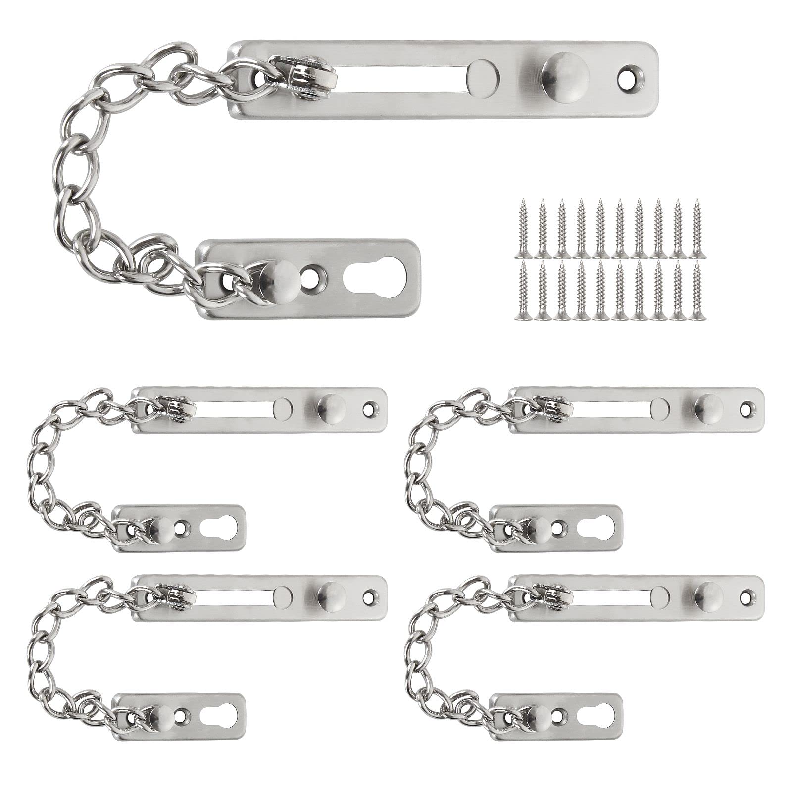 Heavy Duty Stainless Steel Door Security Chain Lock - 5 Pack Anti-Theft Spring Press Lock with Screws for Home & Apartment Safety - Silver Polished Finish for Interior/Exterior Doors