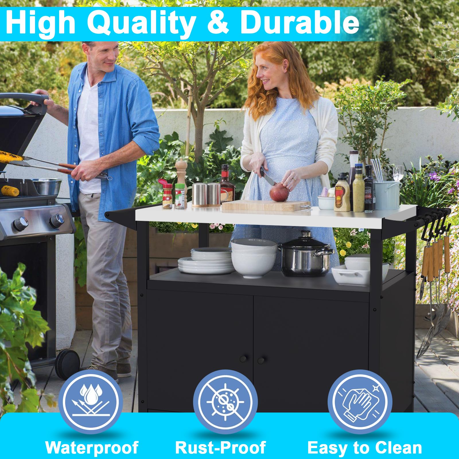 Stainless Steel Outdoor Grill Table with Storage - Blackstone Griddle Stand & BBQ Serving Cart with 4 Utensil Hooks | Rolling Bar Cart for Outdoor Kitchen, Patio, Backyard & Camping Cooking