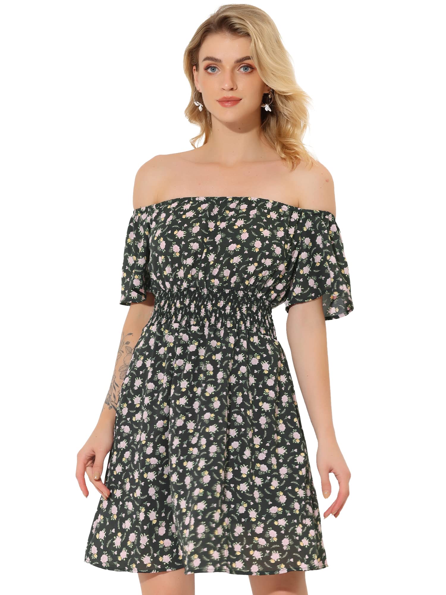 Allegra K Women's Summer Floral Off Shoulder Chiffon Smocked Short Dress - Casual Beach Wear, Party Outfit & Vacation Dress