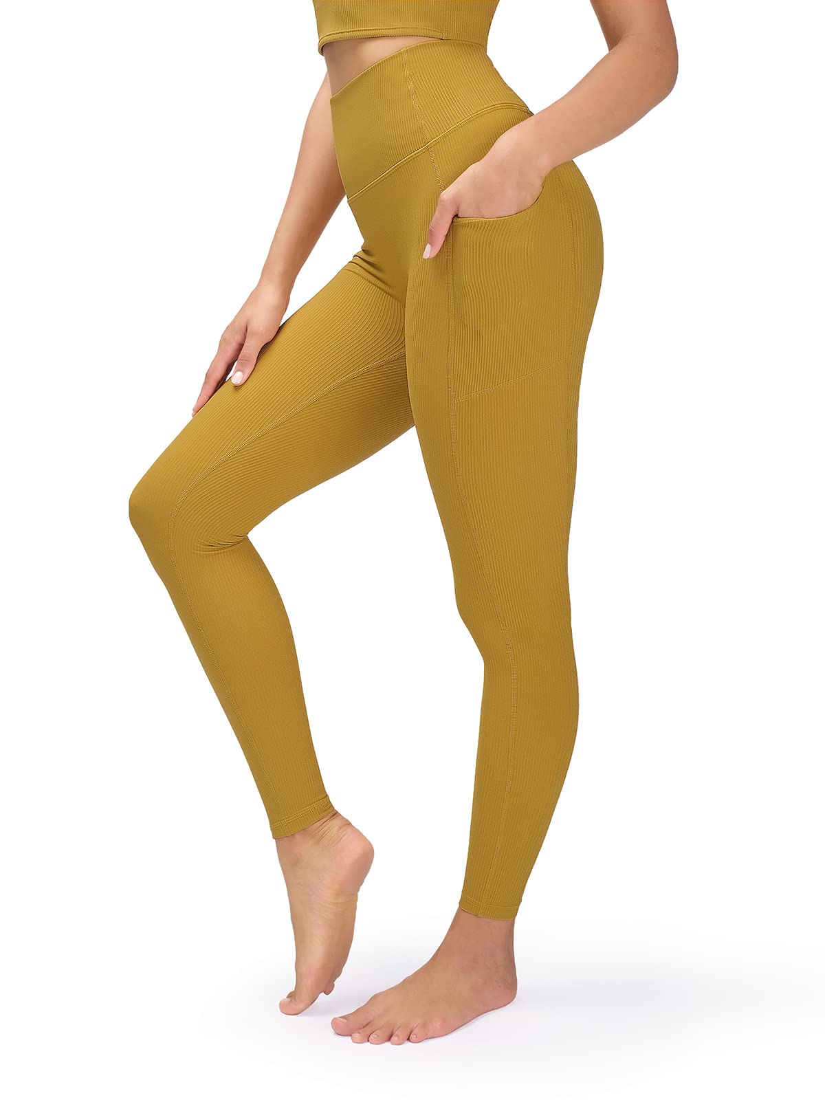 FITTIN High Waist Yoga Pants for Women - Tummy Control Compression Workout Leggings with Pockets, Ribbed Design for Aerial Yoga, Pilates & Gym - Medium Size in Yellow | Perfect for Yoga Classes, Home Workouts & Running
