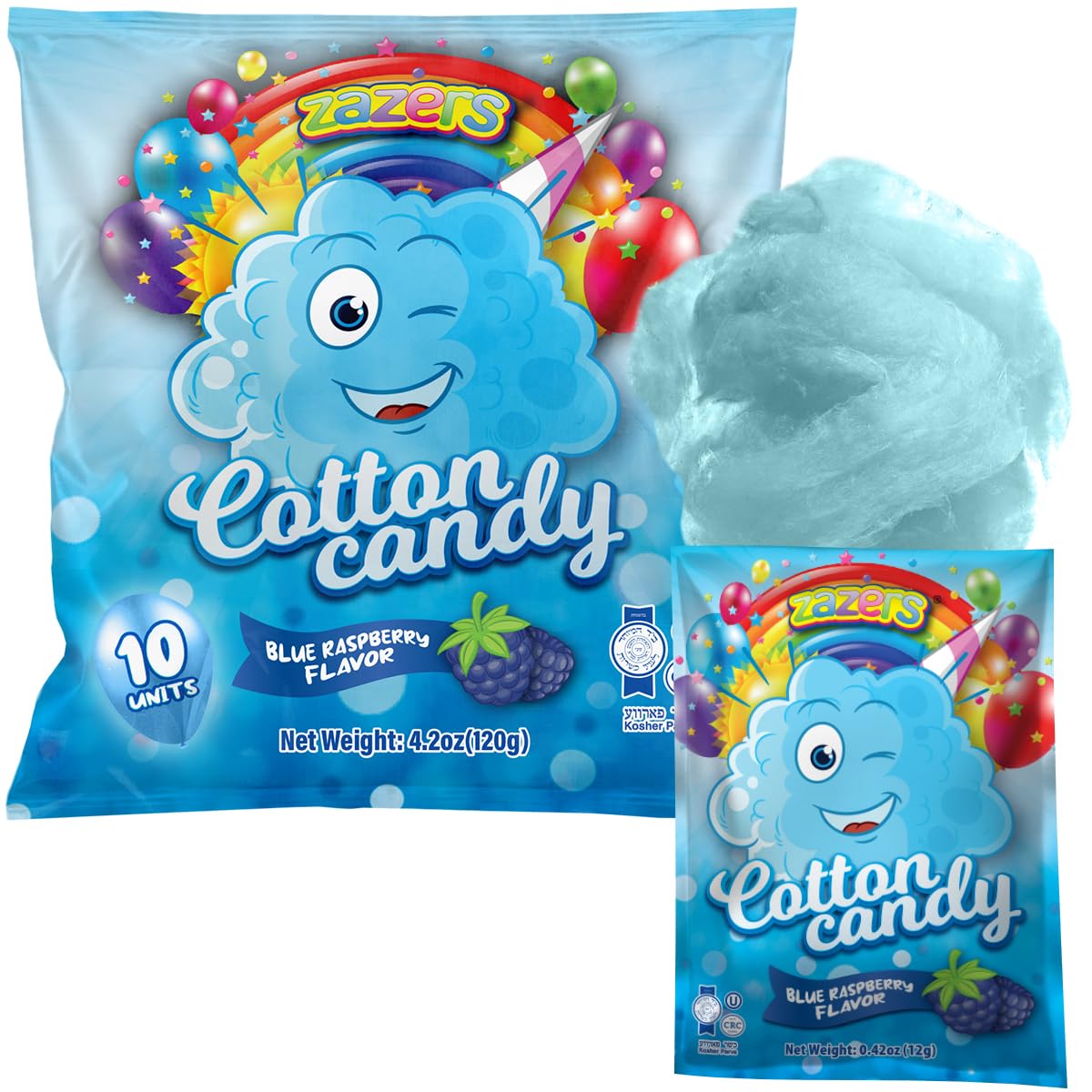 Blue Raspberry Cotton Candy 10 Pack - 0.42oz Individually Wrapped Bags (10 Count) | Kosher, Fluffy Party Favors & Treats for Birthdays, Weddings, Baby Showers & Carnivals | Perfect for Snacking, Gift Baskets & Sweet Table Displays