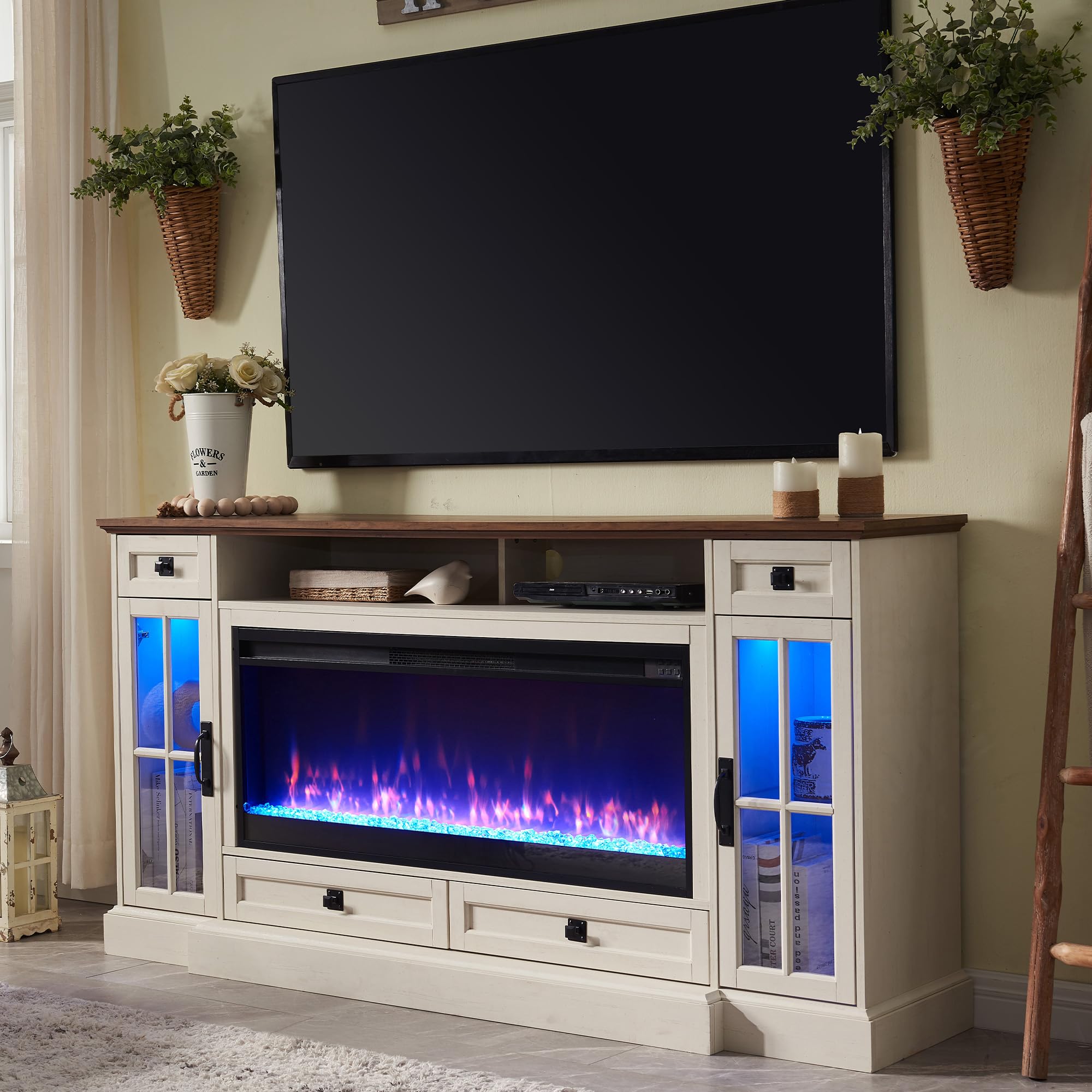 Farmhouse TV Stand with Fireplace for 80