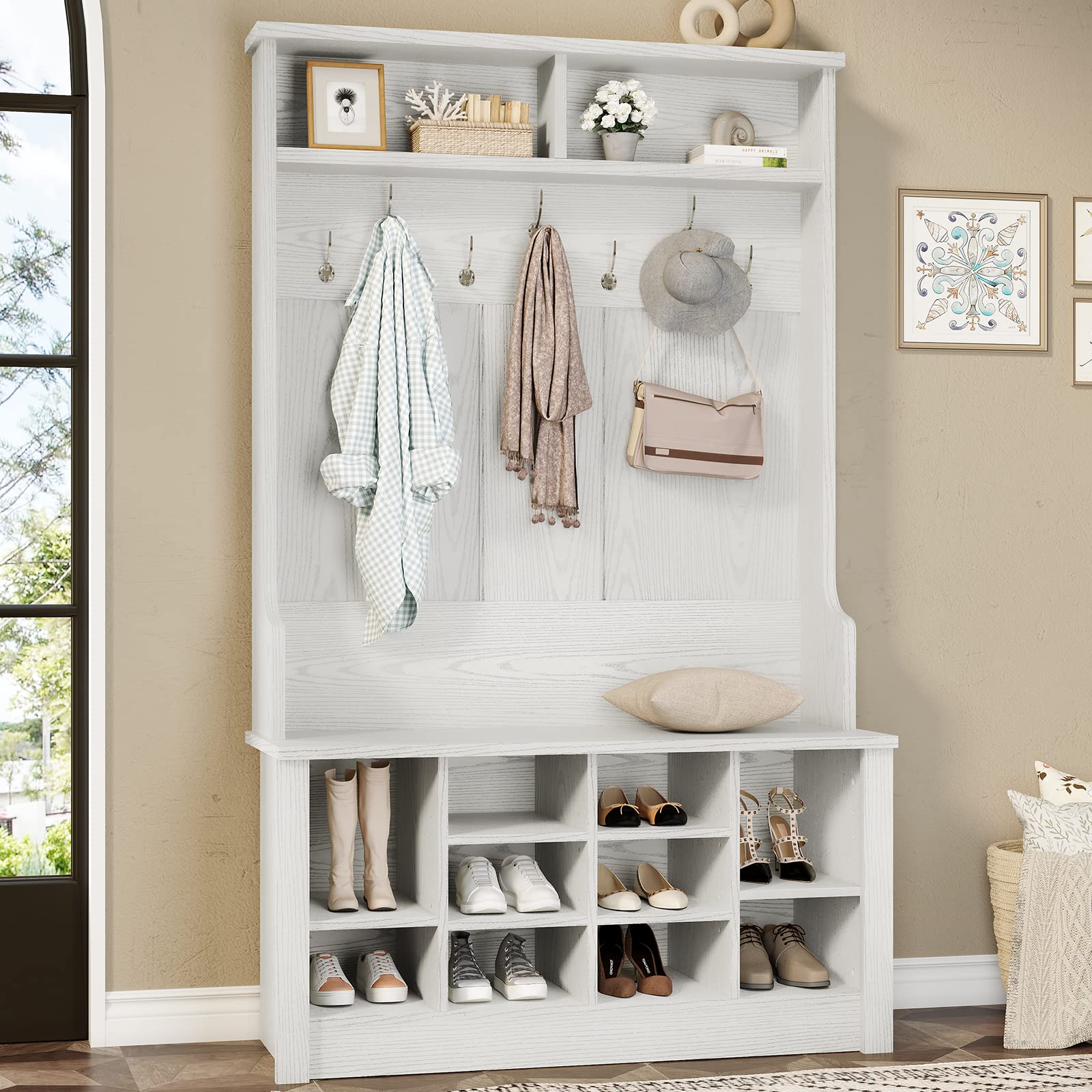 Itaar 3-in-1 Hall Tree with Storage Bench - White Entryway Organizer with Coat Rack, Adjustable Shoe Storage & Hanging Hooks - Perfect for Mudroom, Foyer or Small Space Entryway Organization