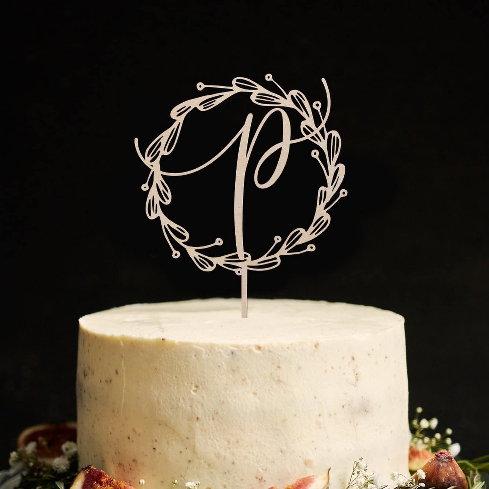 Personalized Wooden Monogram Cake Topper - Rustic Wreath Letter P for Wedding & Birthday Cake Decoration - Handmade Custom Initial Cake Decor (Design 07) | Perfect for Rustic Weddings, Birthday Parties & Anniversary Celebrations