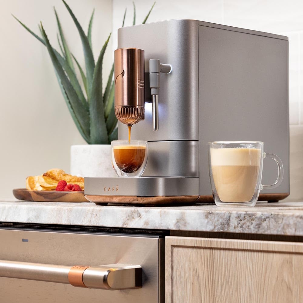 Café Affetto Automatic Espresso Machine with Milk Frother - Built-In Adjustable Coffee Grinder - 90 Second One-Touch Brewing - 1.2L Stainless Steel (C7CEBBS2RS3) - Perfect for Home Baristas & Office Coffee Stations