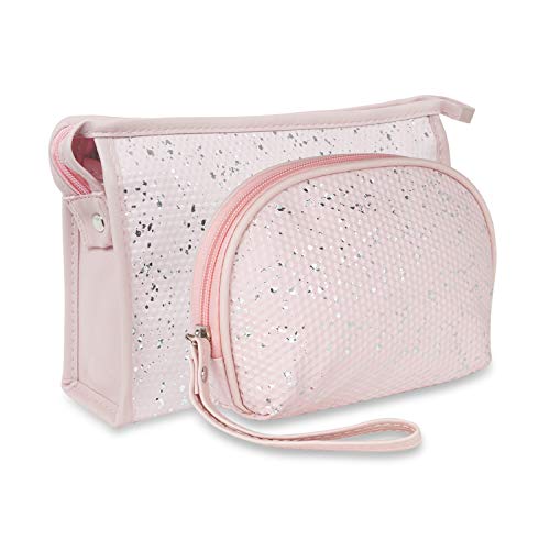 NFI Essentials 2-Pack Glitter Makeup Pouches for Women - Stylish Cosmetic Bags for Makeup Brushes, Lipsticks & Beauty Accessories Storage (Light Pink) - Perfect for Travel, Gym & Daily Organizer