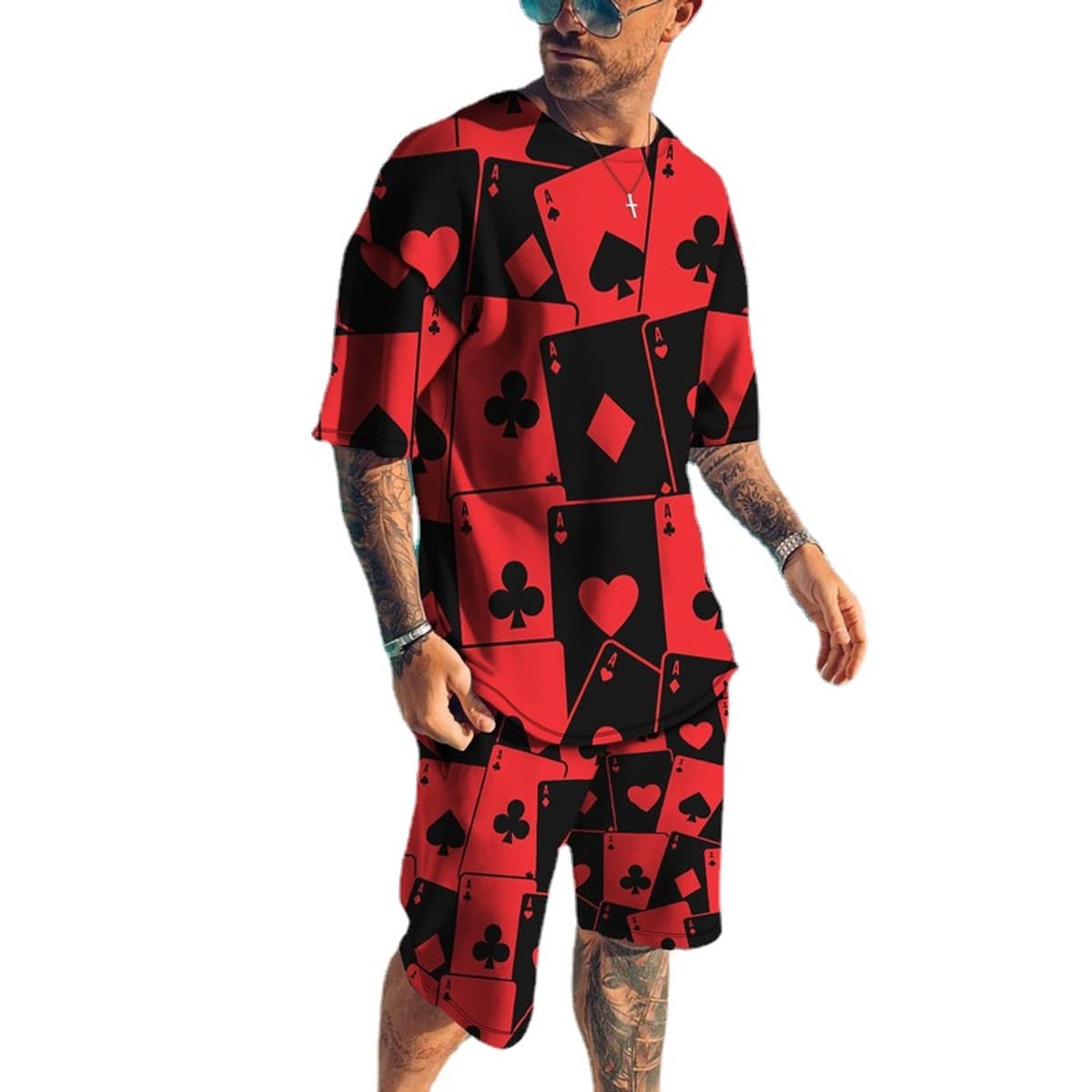 MARLLCO Men's Summer Tracksuit Set - 2 Piece Short Sleeve T-Shirt & Athletic Shorts with 3D Poker Graphic - Gym Workout & Casual Streetwear Outfit