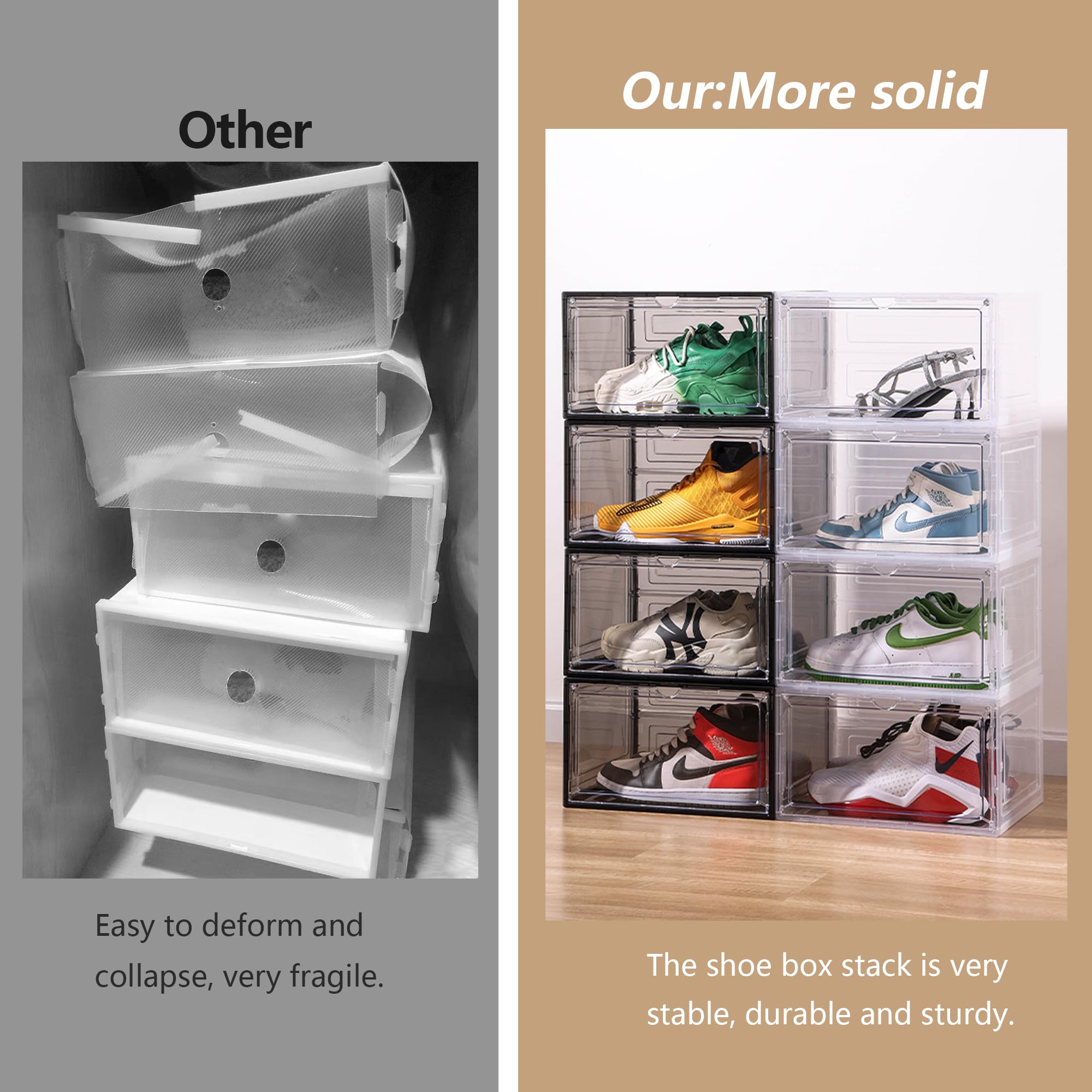 Clear Plastic Stackable Shoe Storage Box Organizer - 6 Pack with Magnetic Door for Sneaker Display | Easy Assembly, White | Perfect for Closet, Bedroom & Sneaker Collection Organization