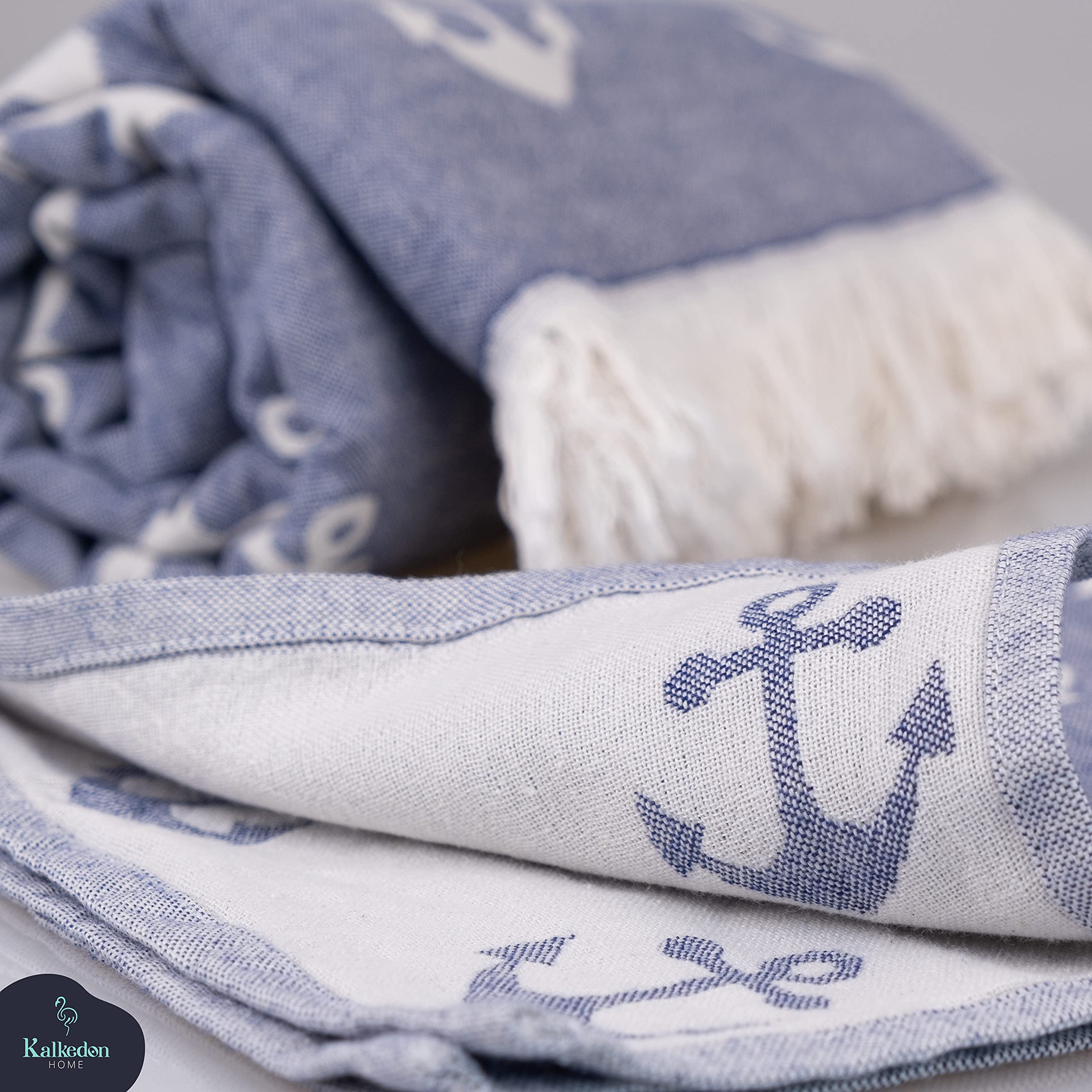 Double Sided Anchor Sand Free Beach Towel - Premium Organic Turkish Cotton Sarong & Peshtemal - Multi-Purpose Beach Blanket, Bath Towel & Hand Towel Set (White & Blue) - Perfect for Beach Vacations, Poolside Lounging & Spa Days
