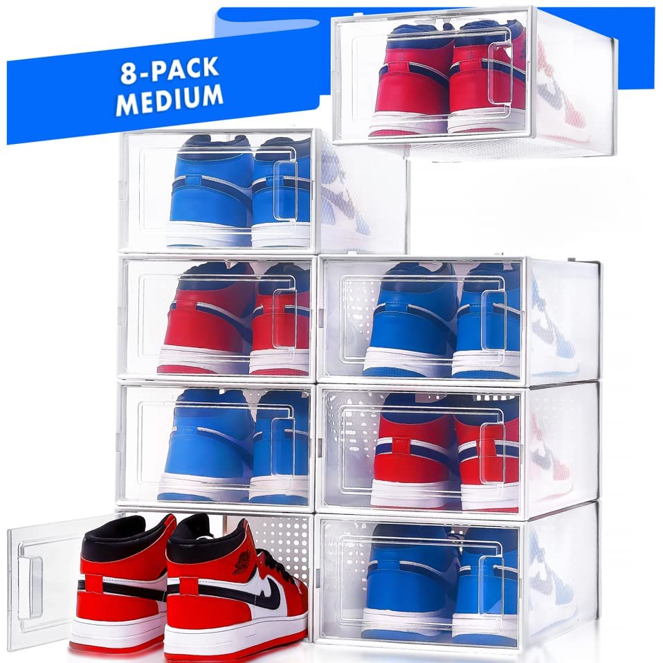 Clear Plastic Stackable Shoe Boxes with Lids - Organize Shoes, Hats & Accessories for Closet Storage | Durable Shoe Containers for Home, Office & Travel Use