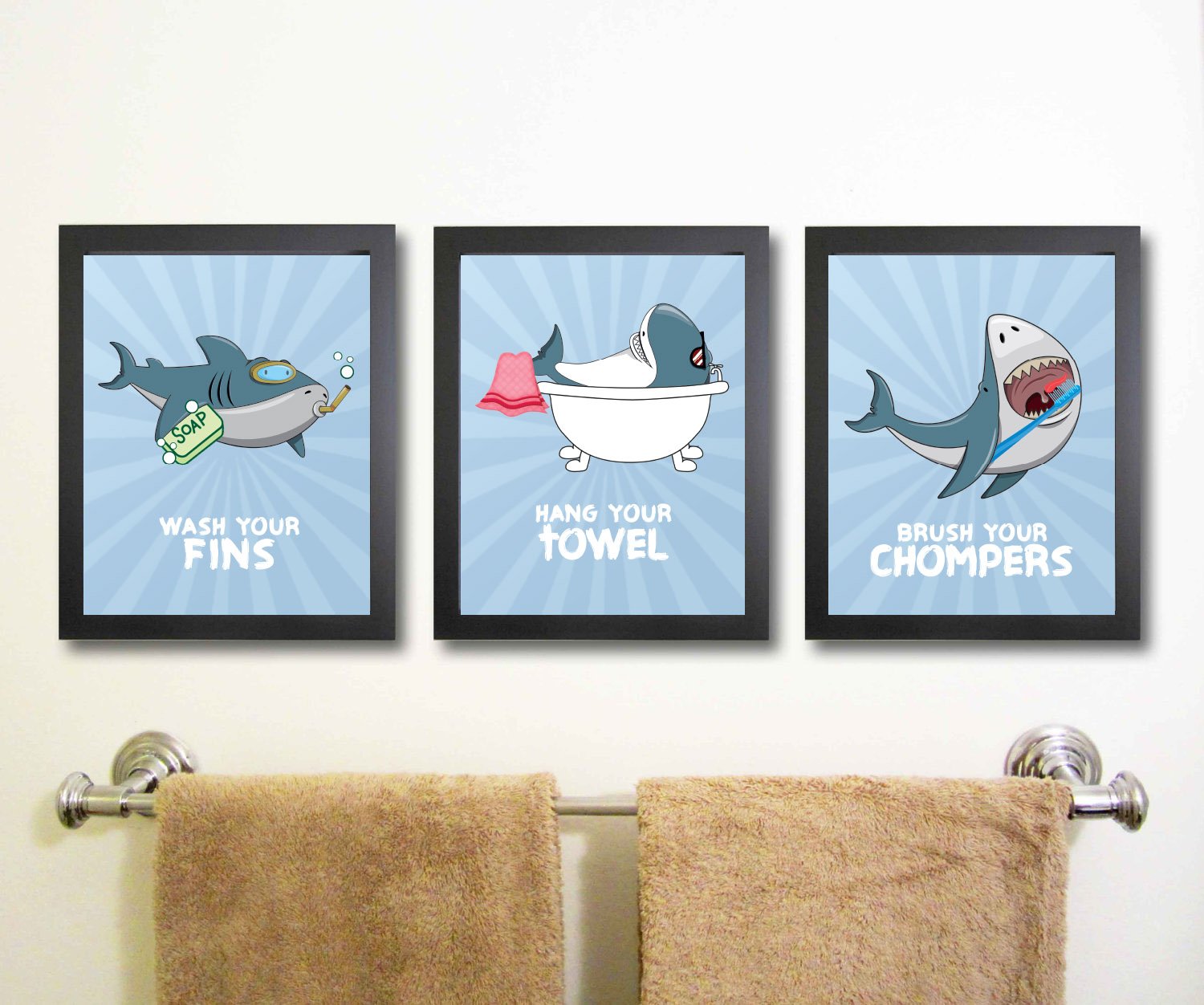 Fun Shark Themed Kids Bathroom Wall Decor Set (3-Piece) - Cute Towel Hooks, Toothbrush Holder & Soap Dish for Ocean-Themed Bathroom Decor - Perfect for Beach House, Kids Room & Nautical Bathroom Design