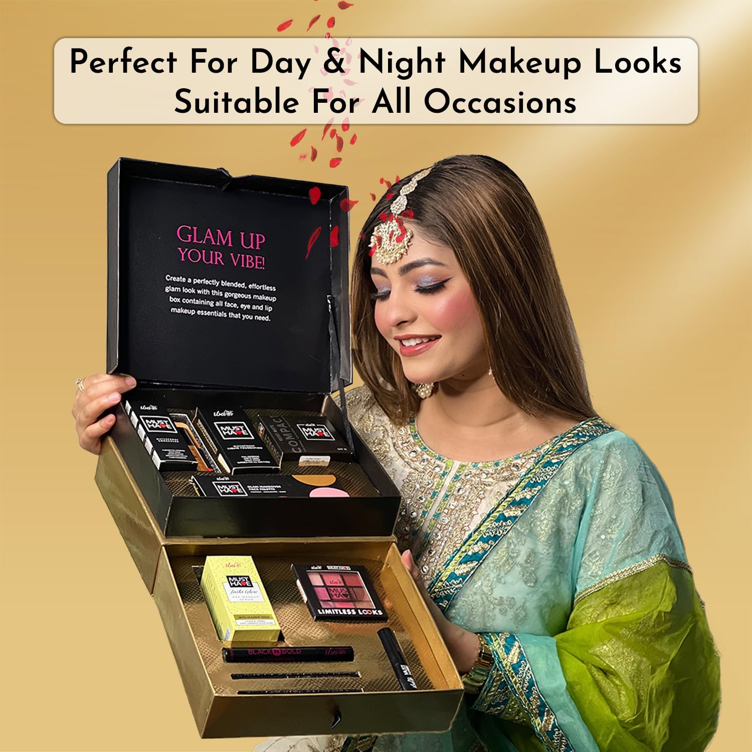 **Glam Look Makeup Box for Women - 9-in-1 Complete Makeup Kit with Waterproof Foundation, Matte Compact, Concealer, Transfer-Proof Lipstick, Face Palette, Eyeshadow, Kajal & More | Perfect for Eid Mubarak Gifts, Parties, Weddings & Everyday Glam**
