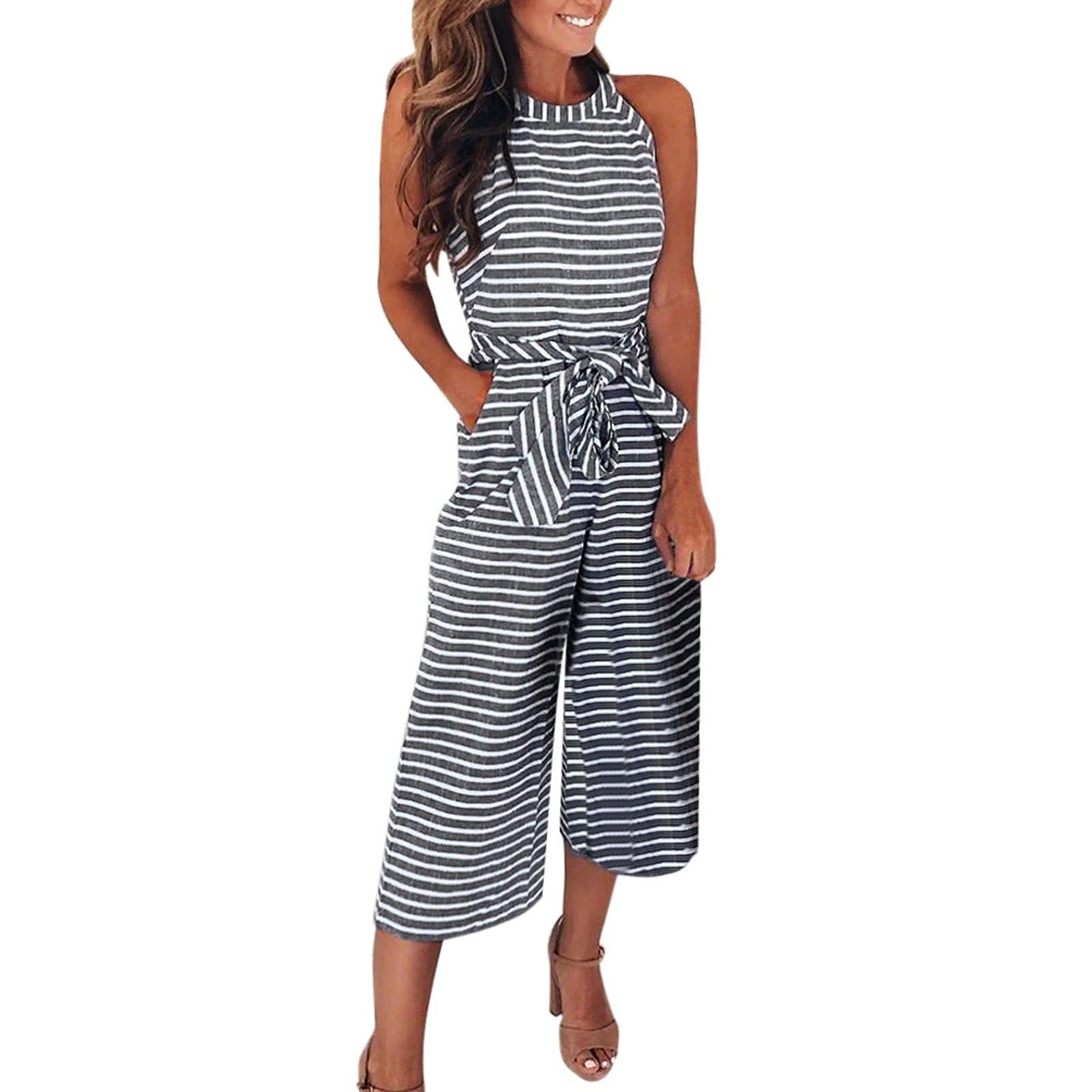 Women's Sleeveless Striped Jumpsuit with Bow Tie Detail - Casual Loose Fit Romper with Crew Neck, Wide Leg Pants & Adjustable Belt - Perfect for Summer Outings, Beach Vacations & Casual Street Style