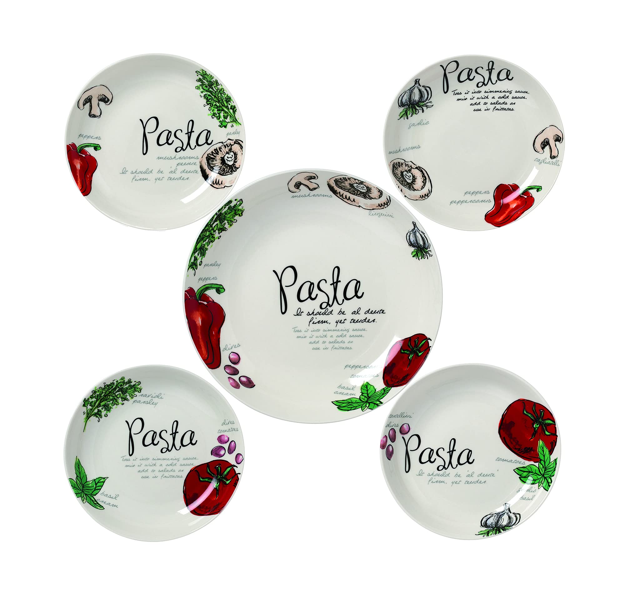 Elegant Multicolor Microwave & Dishwasher Safe Pasta Bowls Set of 5 - Vegetable & Herb Design Serving Bowls for Kitchen, Dining, Entertaining & Gifts