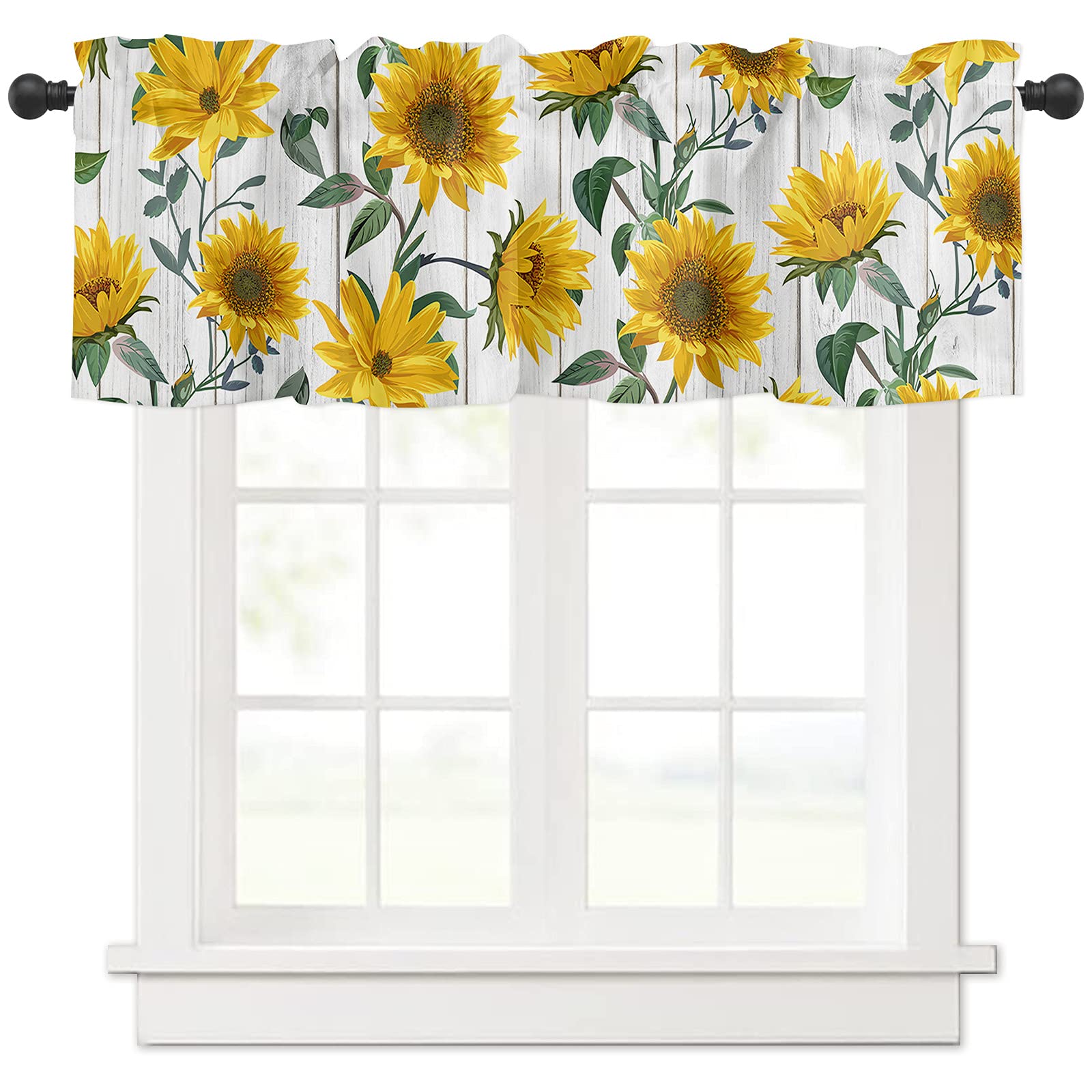 Sunflower Valance Curtains - Yellow Floral Rod Pocket Window Valance for Living Room, Bedroom, Bathroom & Kitchen - 54x18 Inches Black Panel - Perfect for Small Windows, Home Decor & Window Treatment
