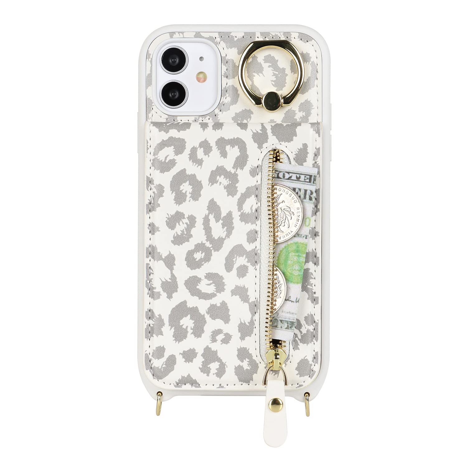 Premium Shockproof iPhone 11 Case with Card Holder & Crossbody Strap - Wallet Phone Case with Kickstand & Zipper Closure for Women | Perfect for Travel, Shopping & Everyday Use (White Leopard Design)