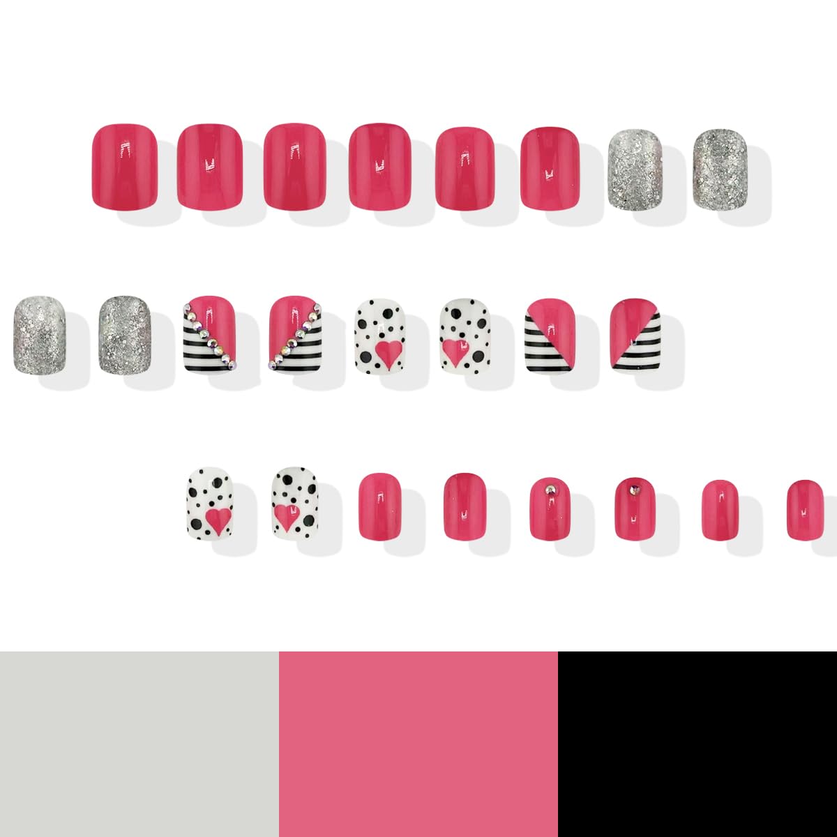 Valentine's Day Press on Nails Short Square 24Pcs - Glitter Rhinestone Heart Designs, Full Cover False Nails with Glossy Finish - Cute Acrylic Fake Nails for Women Manicure (Perfect for Valentine's Dates, Parties & Special Occasions)