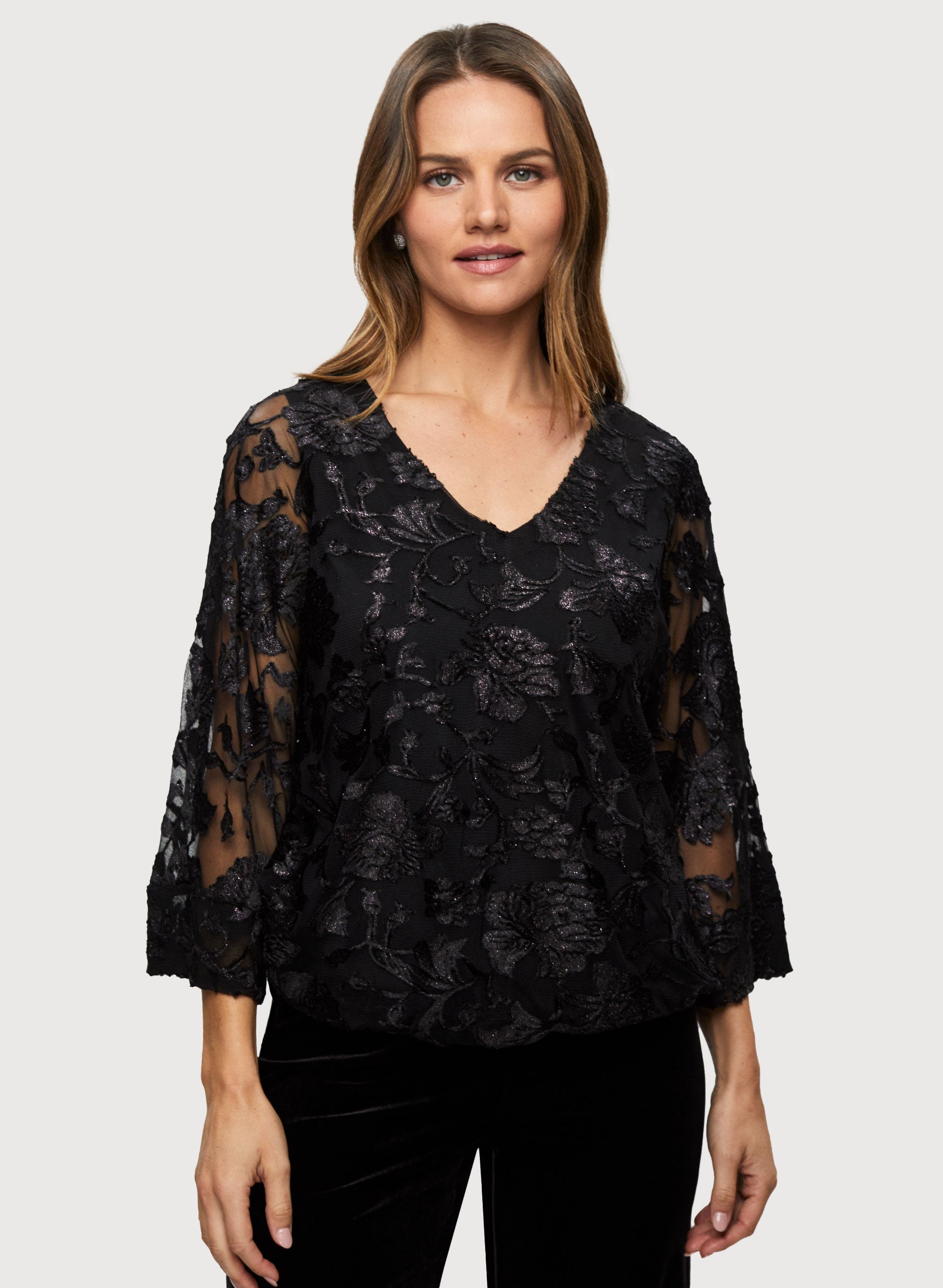 Floral Burnout Velour Top for Women - Soft & Stylish Long Sleeve Blouse for Fall & Winter - Perfect for Casual Outings, Date Nights & Office Wear