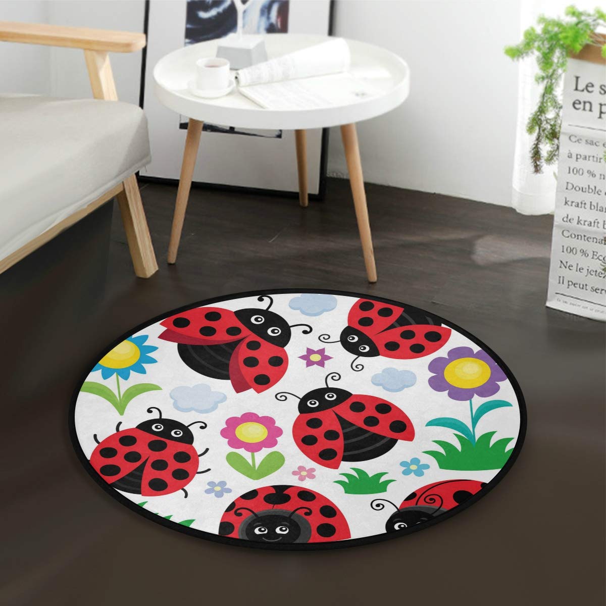 ALAZA Cartoon Ladybug Sunflower Round Area Rug - 3' Diameter (92 cm) Non-Slip Soft Floor Mat for Living Room, Bedroom, Nursery | Kids Playroom Decor, Cozy Home Accent