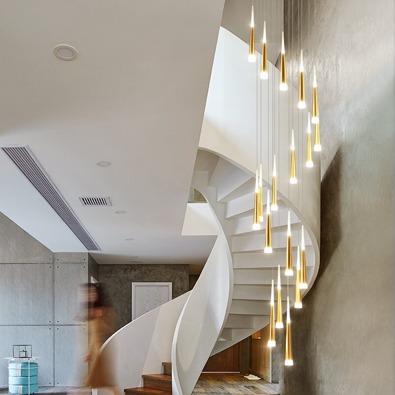 Elegant Cone Tubes Staircase Chandelier - Modern Crystal Pendant Light Fixture for Foyer, Living Room & Dining Room Decor | Dimmable LED Lighting for Home & Hotel