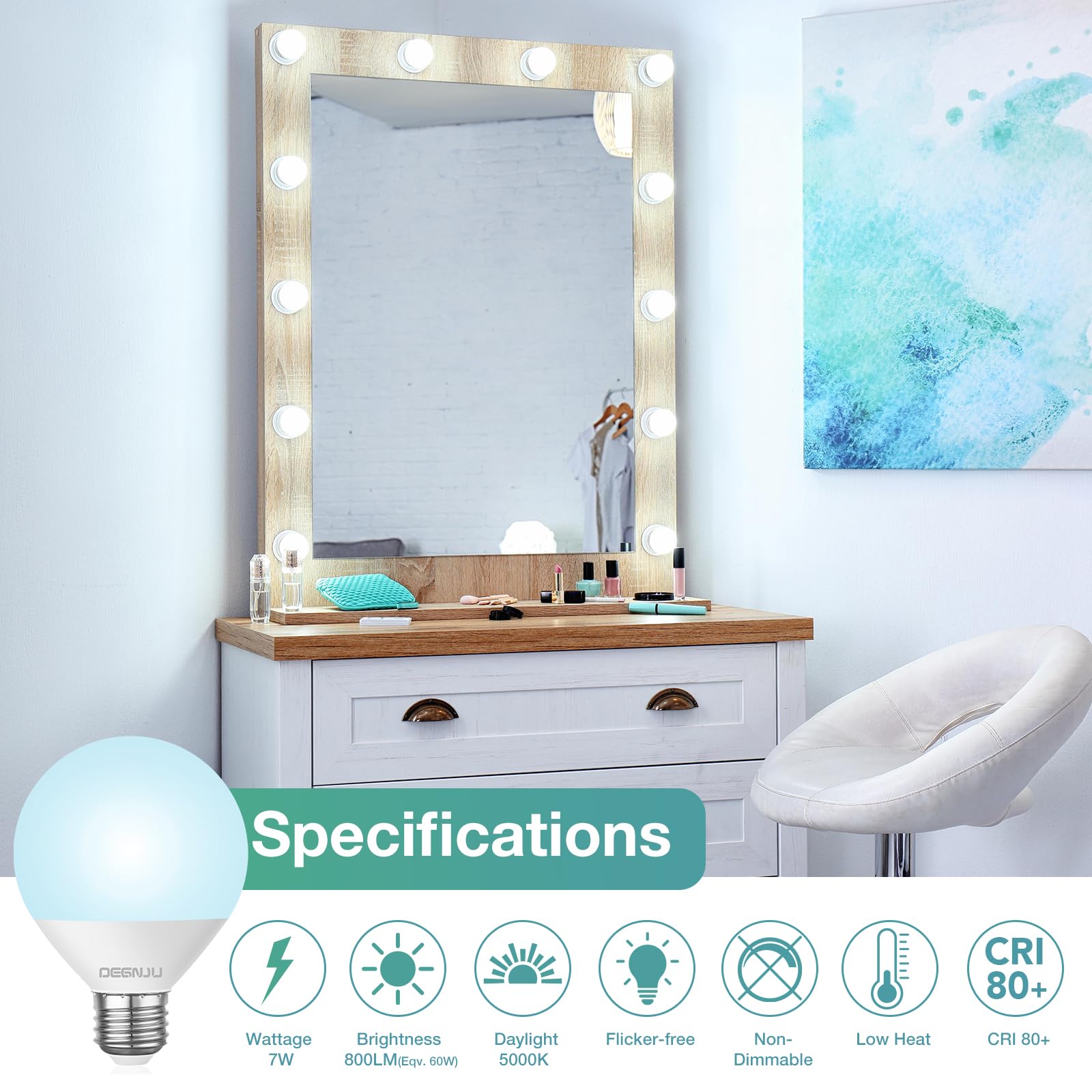 LED Vanity Light Bulbs 60W Equivalent 5000K Daylight White - 7W G25 Globe Bulbs for Bathroom Makeup Mirror (800 Lumens, Non-Dimmable, 120V, 6-Pack) - Perfect for Vanity Dressing Table, Spa Lighting & Home Decoration