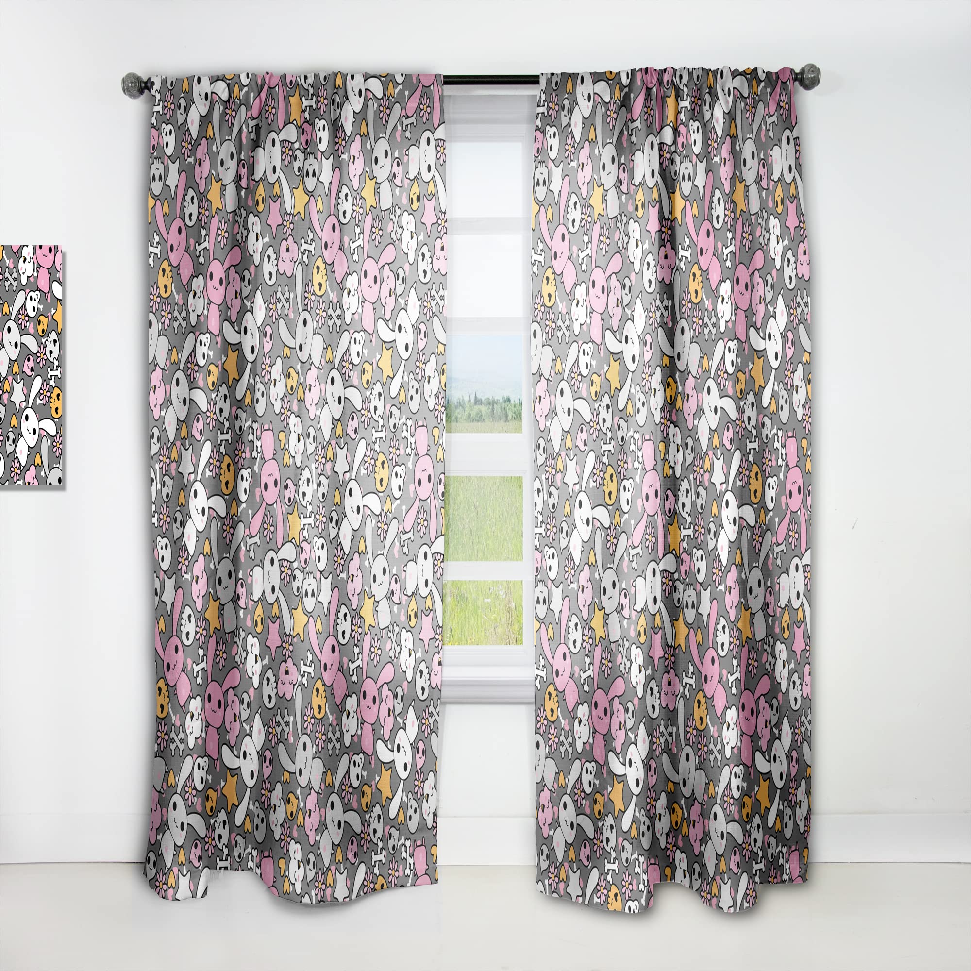 DesignQ 'Little Rabbit Kawaii with Pink Flowers' Thermal Insulated Curtains - Single Panel 52x108 - Cute Nursery & Living Room Window Drapes for Girls Bedroom Decor