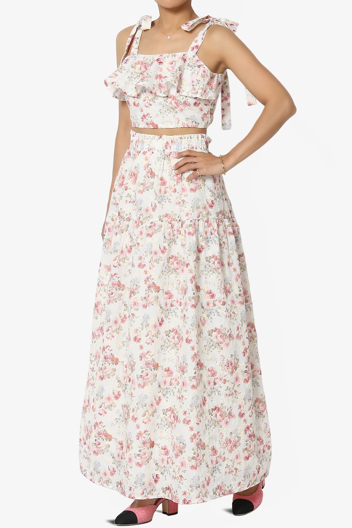 TheMogan Women's Embroidered Floral Tie Ruffle Crop Top & A-Line Skirt Set 2-Piece Outfit for Summer Beach Vacation, Party, Date Night and Casual Wear