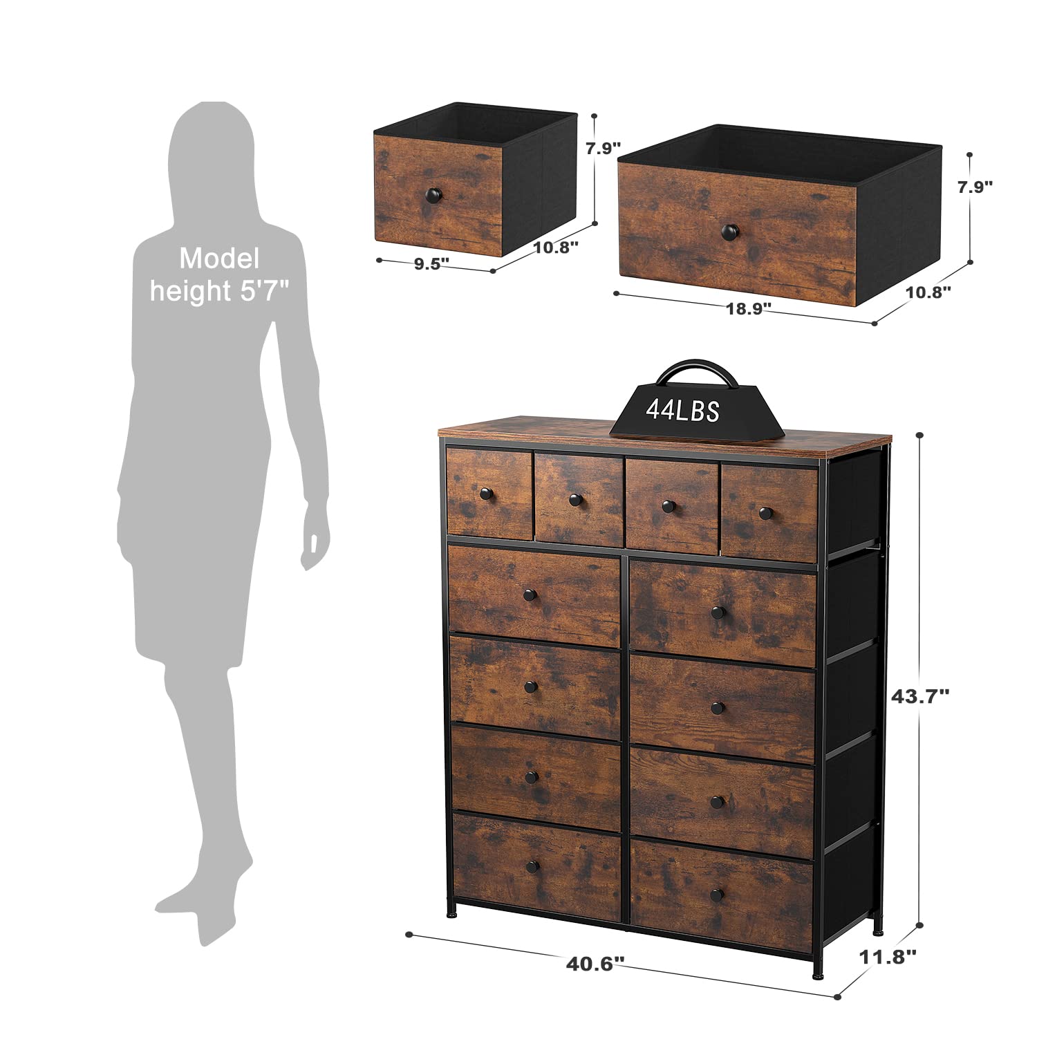 12-Drawer Tall Dresser for Bedroom with Wooden Top & Metal Frame - Rustic Brown Fabric Storage Chest (40.6
