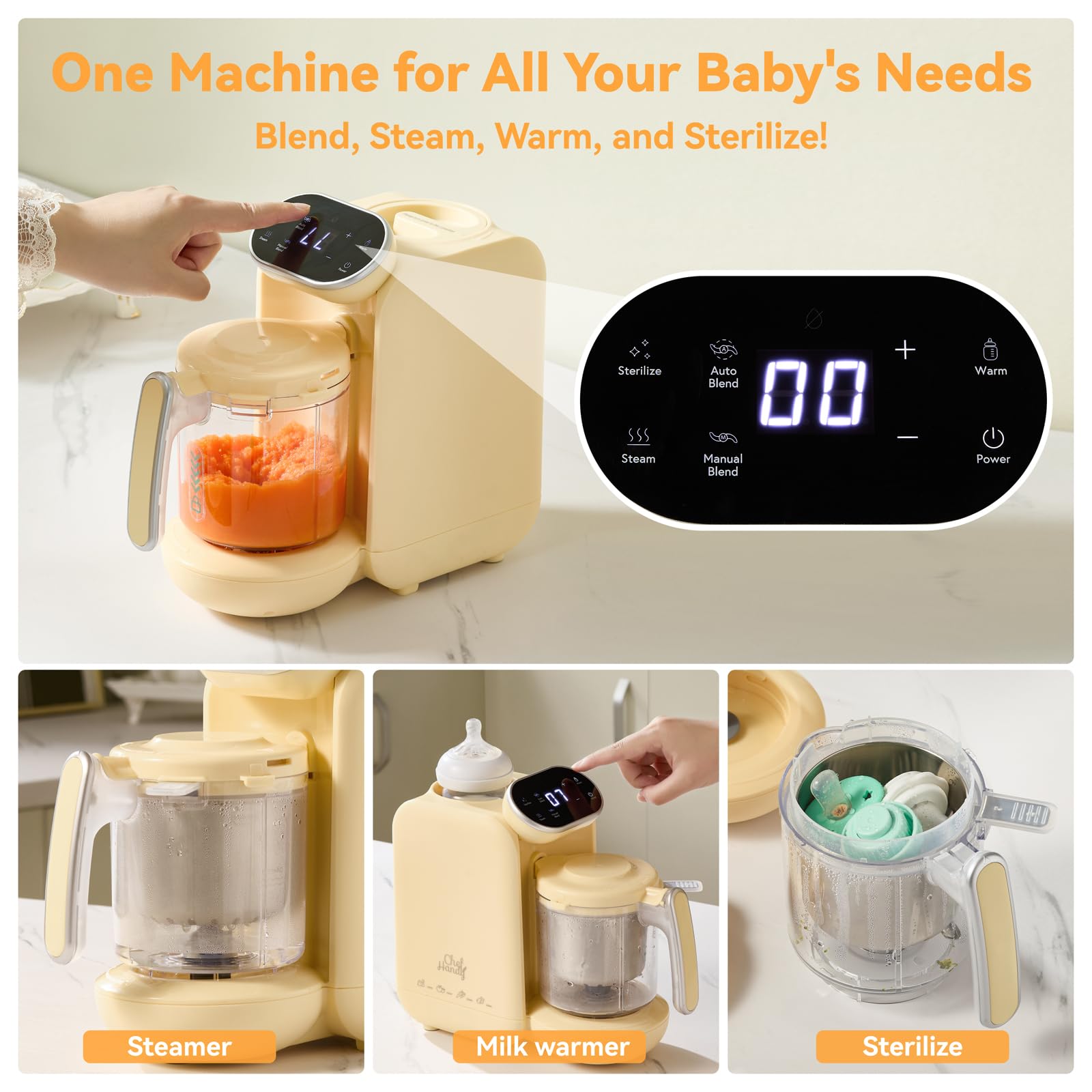 Chefhandy 5-in-1 Baby Food Maker & Bottle Warmer - Stainless Steel Steamer, Blender, Puree Maker with Auto Cooking & Touchscreen (Yellow) | Perfect for Homemade Baby Food Prep & Quick Bottle Warming