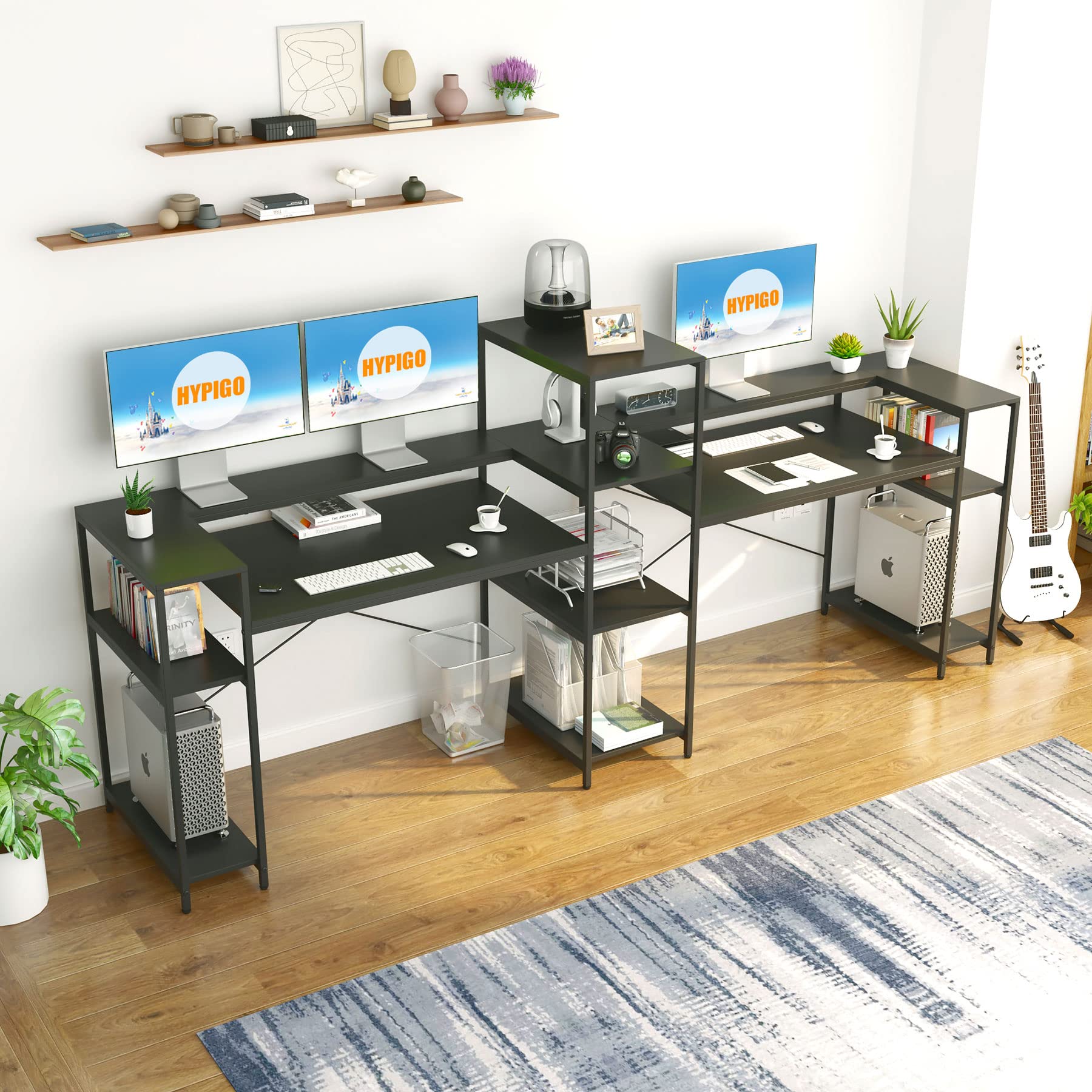109-Inch Extra Long Two Person Computer Desk with Storage Shelves | Double Workstation Office Desk with Printer Shelf & Monitor Stand | Large Study Writing Table for Home Office (Black) - Perfect for Shared Workspaces & Remote Teams