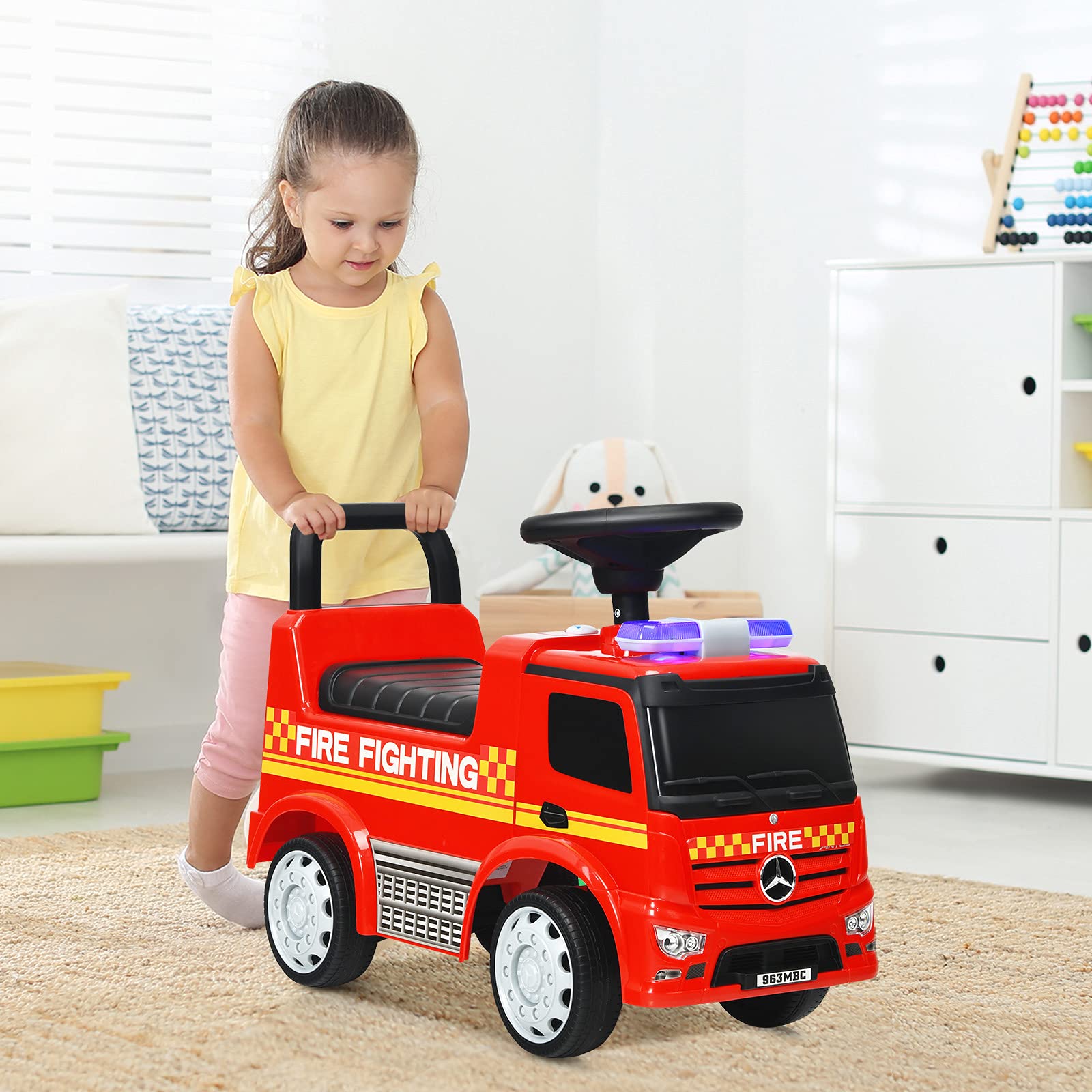 **Costzon Licensed Mercedes Benz Ride-On Push Car for Toddlers 18-36 Months - Red Fire Truck Design with Steering Wheel, Horn, Headlights & Under Seat Storage - Foot-to-Floor Riding Toy for Boys & Girls - Perfect for Indoor & Outdoor Play, Birthday Gifts & Pretend Driving Fun**