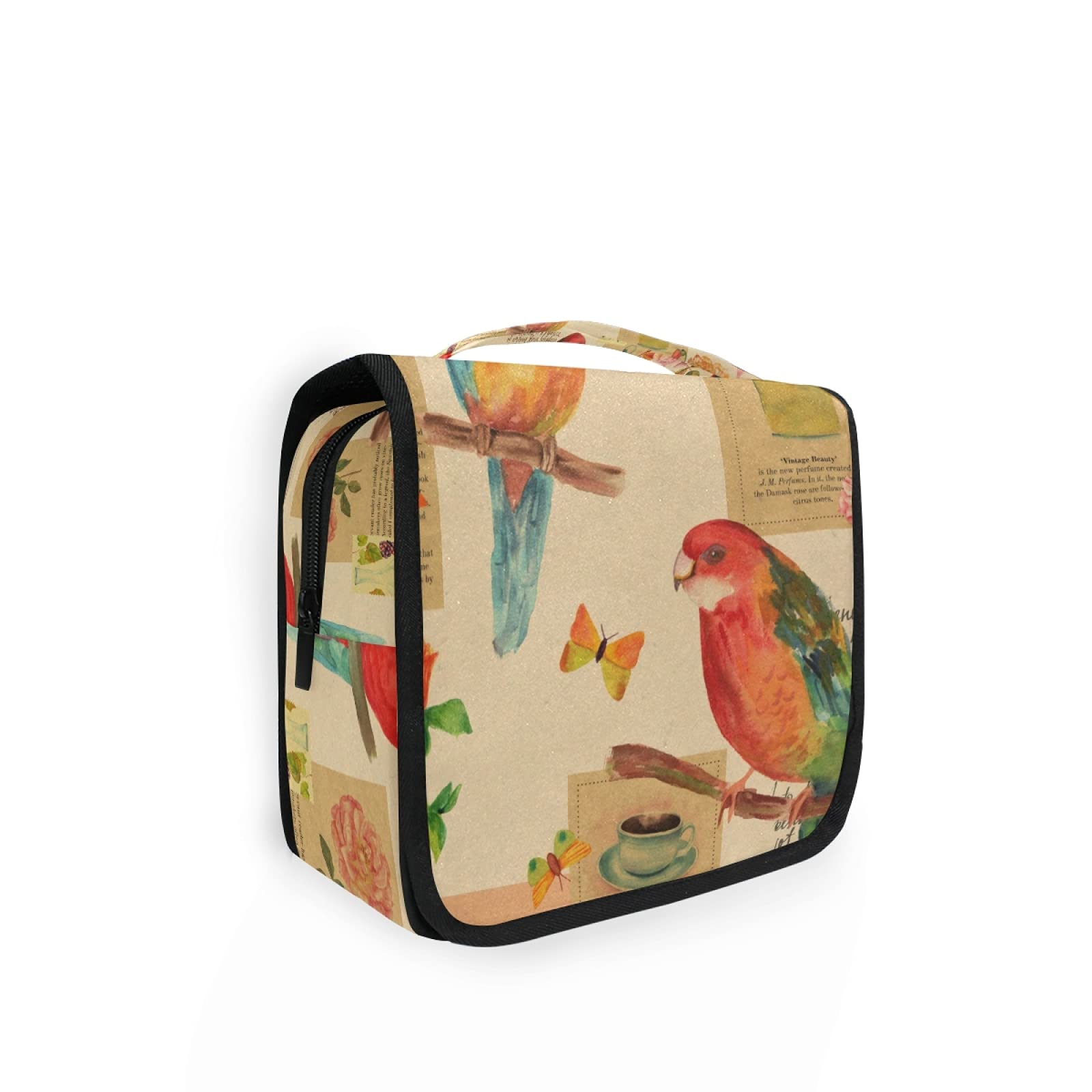 Vintage Exotic Birds Roses Butterflies Hanging Toiletry Bag for Women - Large Waterproof Travel Cosmetic Bag with Hook - Perfect for Bathroom Storage, Makeup Organizer & Travel Essentials