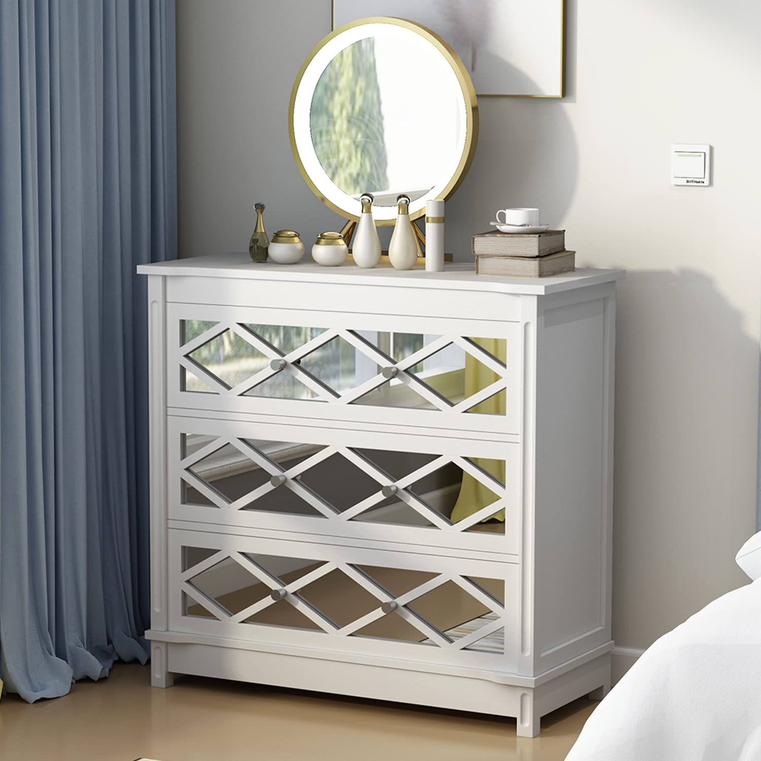 EROMMY 3-Drawer Dresser with Mirror - Modern White Storage Cabinet for Bedroom, Living Room & Entryway | Space-Saving Organizer for Clothes, Accessories & Home Decor