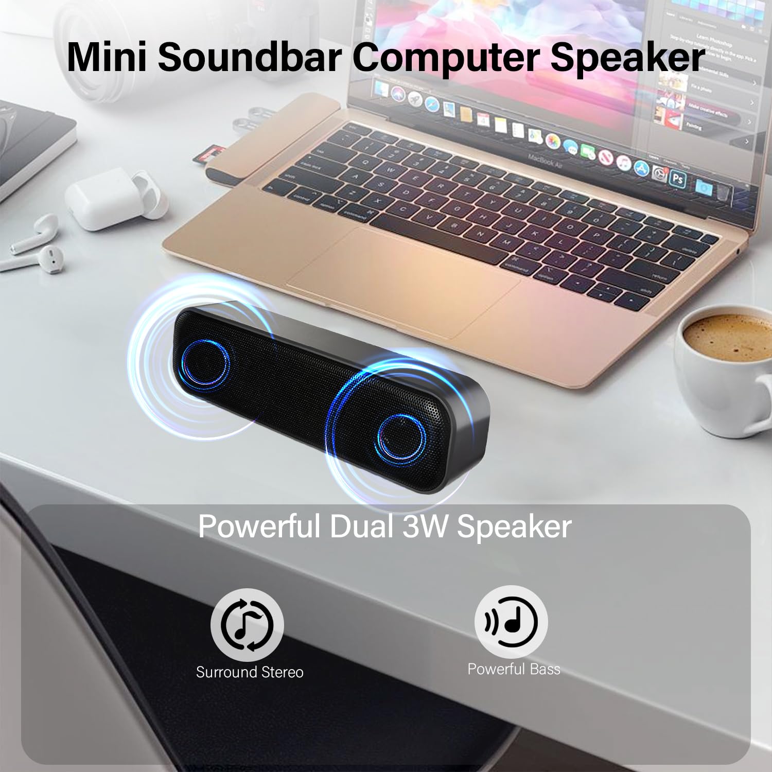 ZETIY USB Computer Speaker - Mini Soundbar for PC & Mac, Plug & Play for Home/Office
