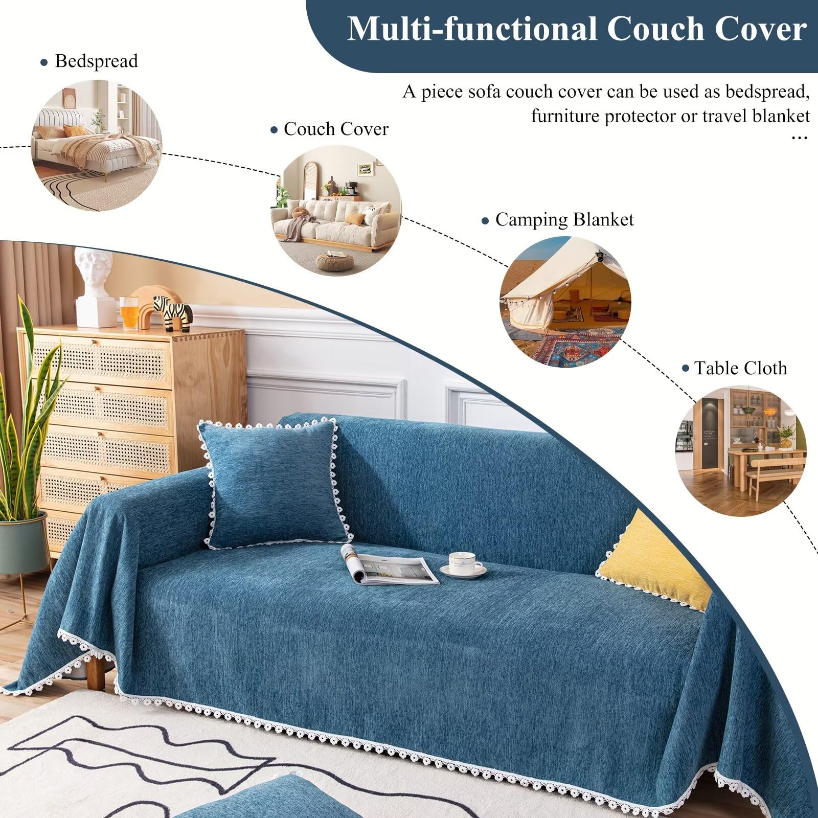 VClife Blue Chenille Sofa Cover for 2 Cushion Couches - Non-Slip Pet-Friendly Sectional Sofa Protector (71