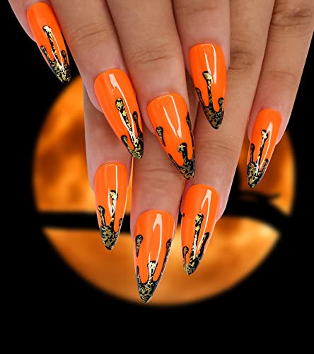 Morily 24Pcs Halloween Press on Nails - Medium Length Acrylic Fake Nails with Black Water Droplets & Gold Foil - Glossy Orange Almond Artificial Nails for Women & Girls (Orange Gold Drip) - Perfect for Halloween Parties, Costume Events & Nail Art Enthusiasts