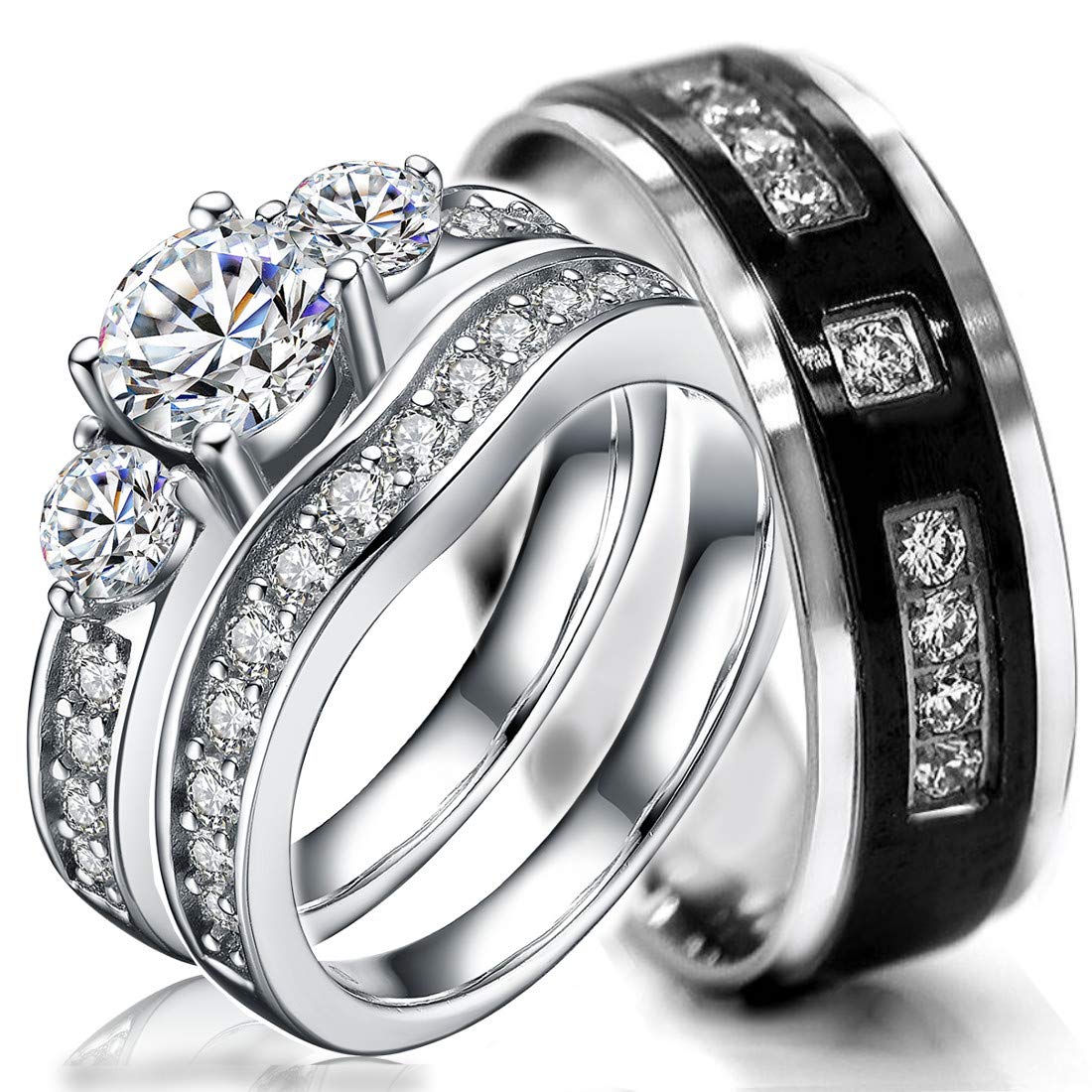 His & Hers Cubic Zirconia Wedding Ring Sets - CZ Bridal Engagement Rings for Women & Men - Elegant Matching Couple Bands for Proposals, Anniversaries & Vow Renewals