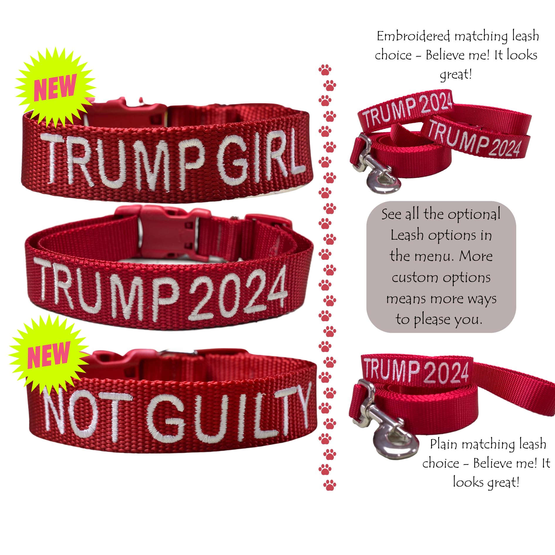 Trump 2024 Dog Collar and Leash Set - Handmade Adjustable Pet Accessories with 30 Custom Embroidery Options (S/M/L/XL) - Perfect for Christmas Gifts & Political Pet Lovers - Ideal for Walks, Campaign Events & Patriotic Pet Photos (Small 3/4