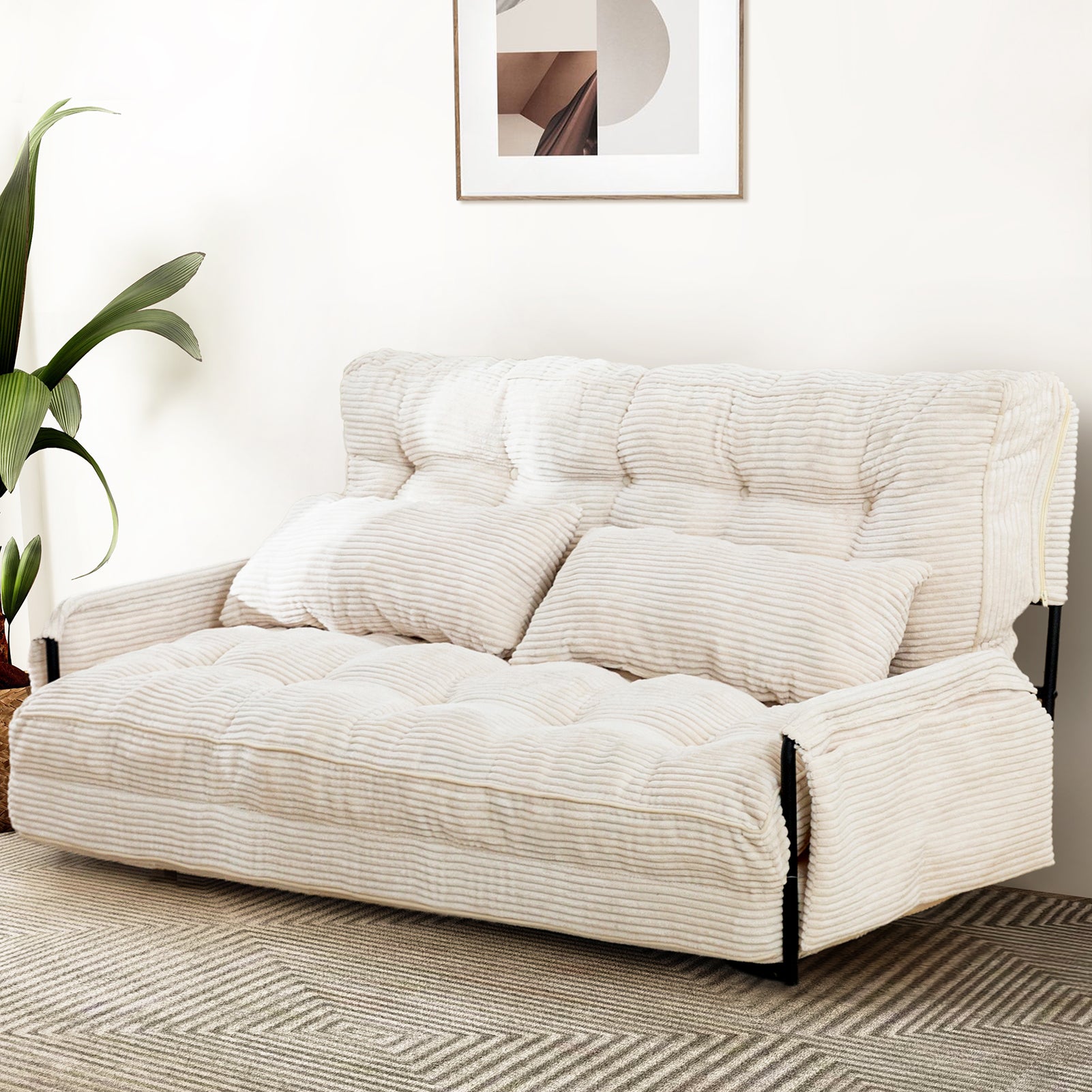 MAXYOYO Adjustable Floor Sofa Bed with 2 Pillows - Multi Functional Bean Bag Sleeper with Armrest for Reading, Gaming & Relaxing - Comfortable Beige Lounger for Living Room, Bedroom & Dorm