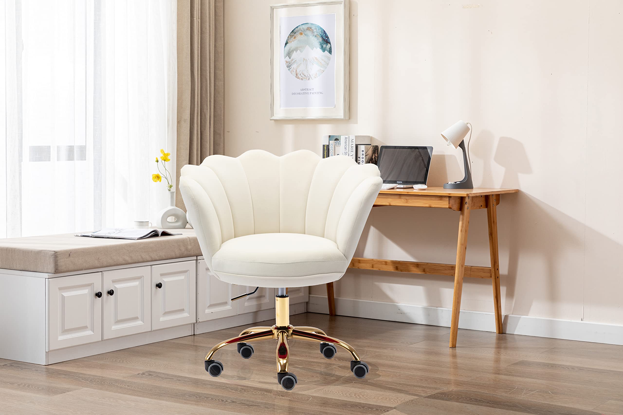 Ergonomic Modern Home Office Chair - Adjustable Swivel Desk Chair with Wheels, Velvet Upholstered Task Chair for Living Room & Bedroom - Perfect for Work, Study, and Makeup Vanity (White)