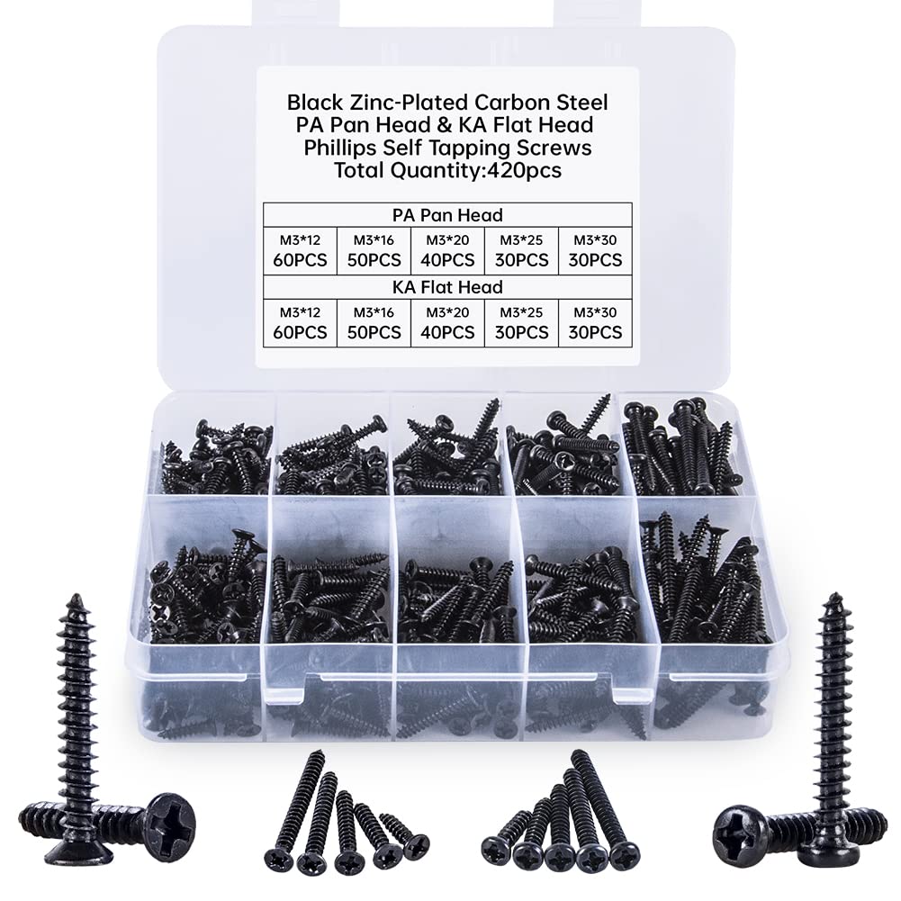 420 Pcs Self Tapping Screws Assortment Kit - Black Zinc-Plated Carbon Steel PA Pan Head & KA Flat Head Phillips Screws for Wood, Metal and DIY Projects - Perfect for Furniture Assembly, Home Repair and Construction Work