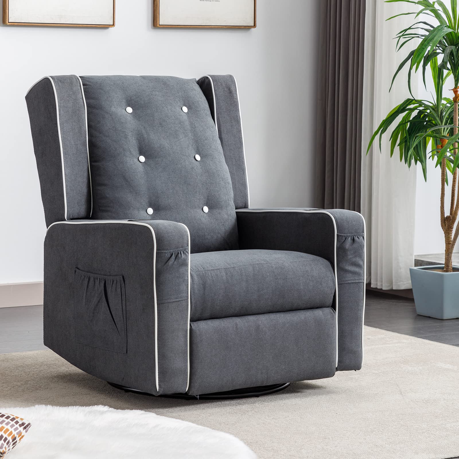 **Grey Nursery Rocking Chair - Baby Glider Rocker with Swivel & Recliner, Cup Holders & Storage Pockets - Cozy Rocking Chair for Living Room, Nursery, or Breastfeeding (1 PC)**