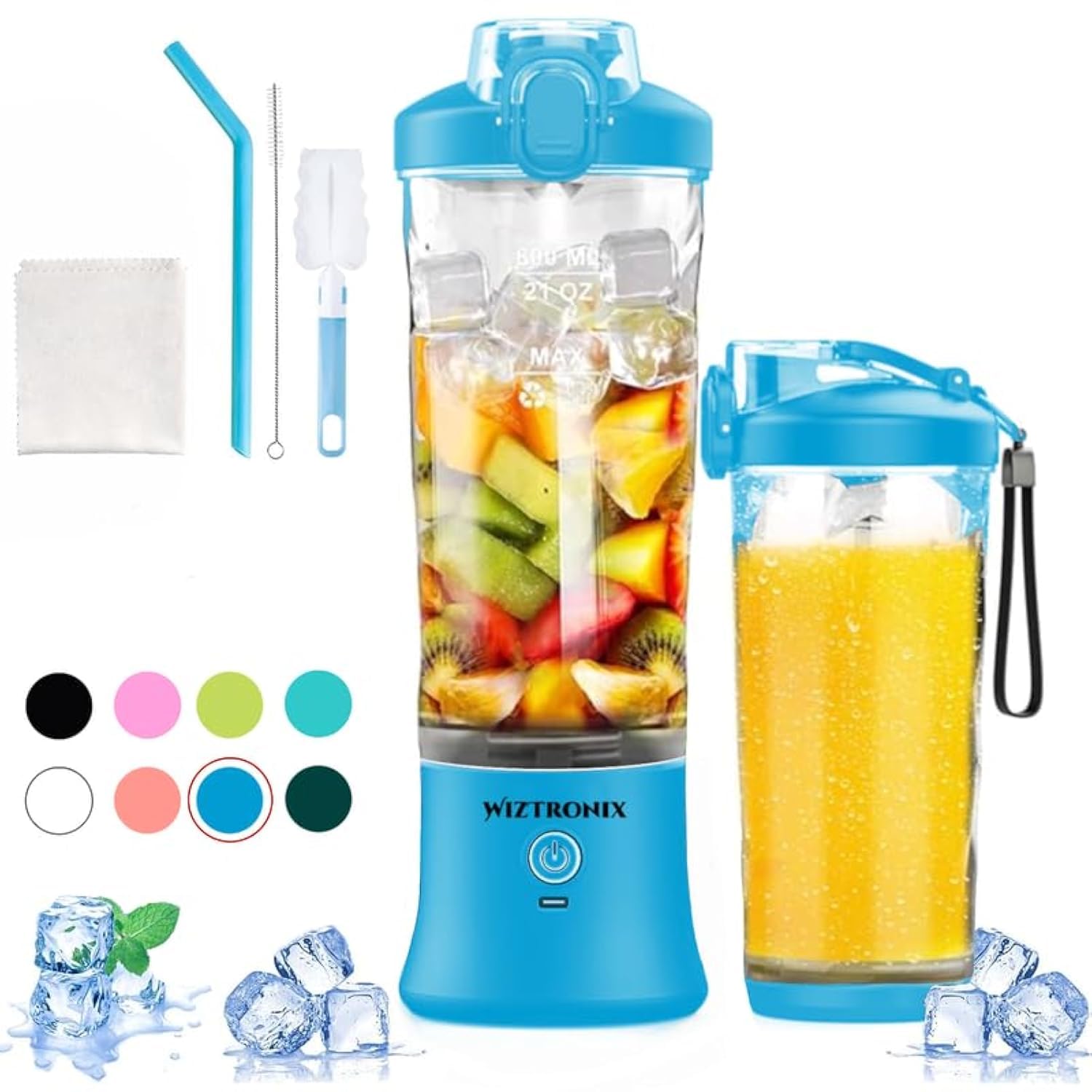 WIZTRONIX 21oz Portable Blender - Cordless, BPA-Free, USB-C Rechargeable with Stainless Steel Blades - Perfect for Smoothies, Protein Shakes & Cocktails On The Go, Gym, Office & Travel - Blue Personal Blender Cup Included