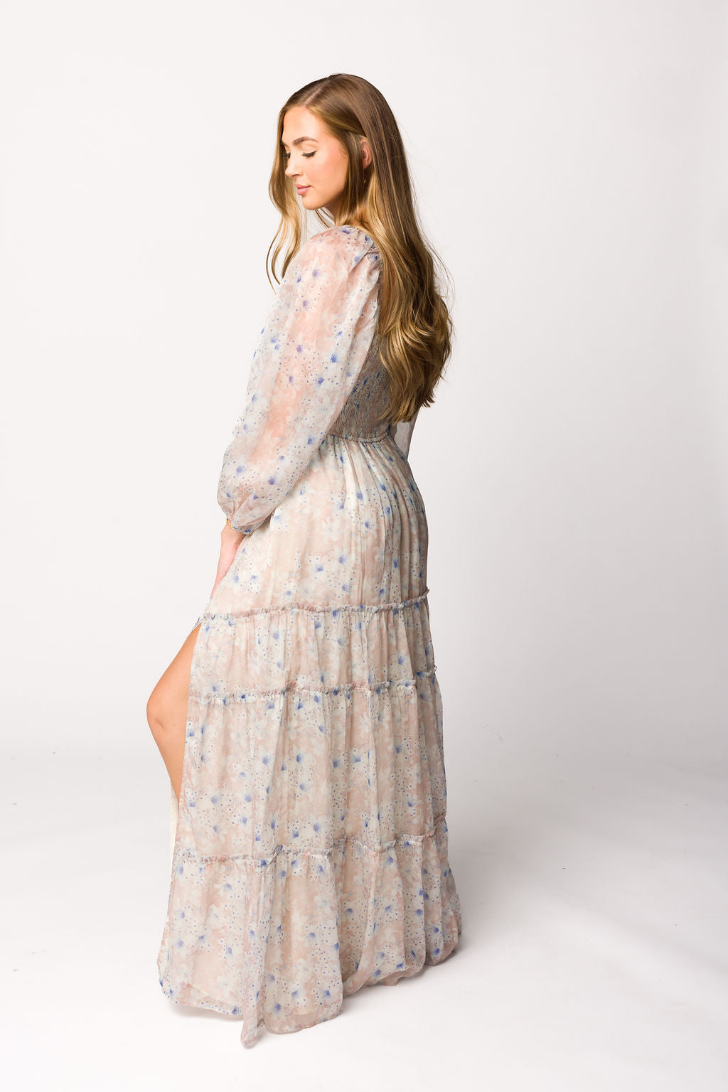 Bump Friendly Daphne Long Sleeve Maxi Dress - Floral Maternity Dress in Beige & Blue, Inclusive Sizing XS to 3XL | Perfect for Pregnancy, Nursing, and Special Occasions