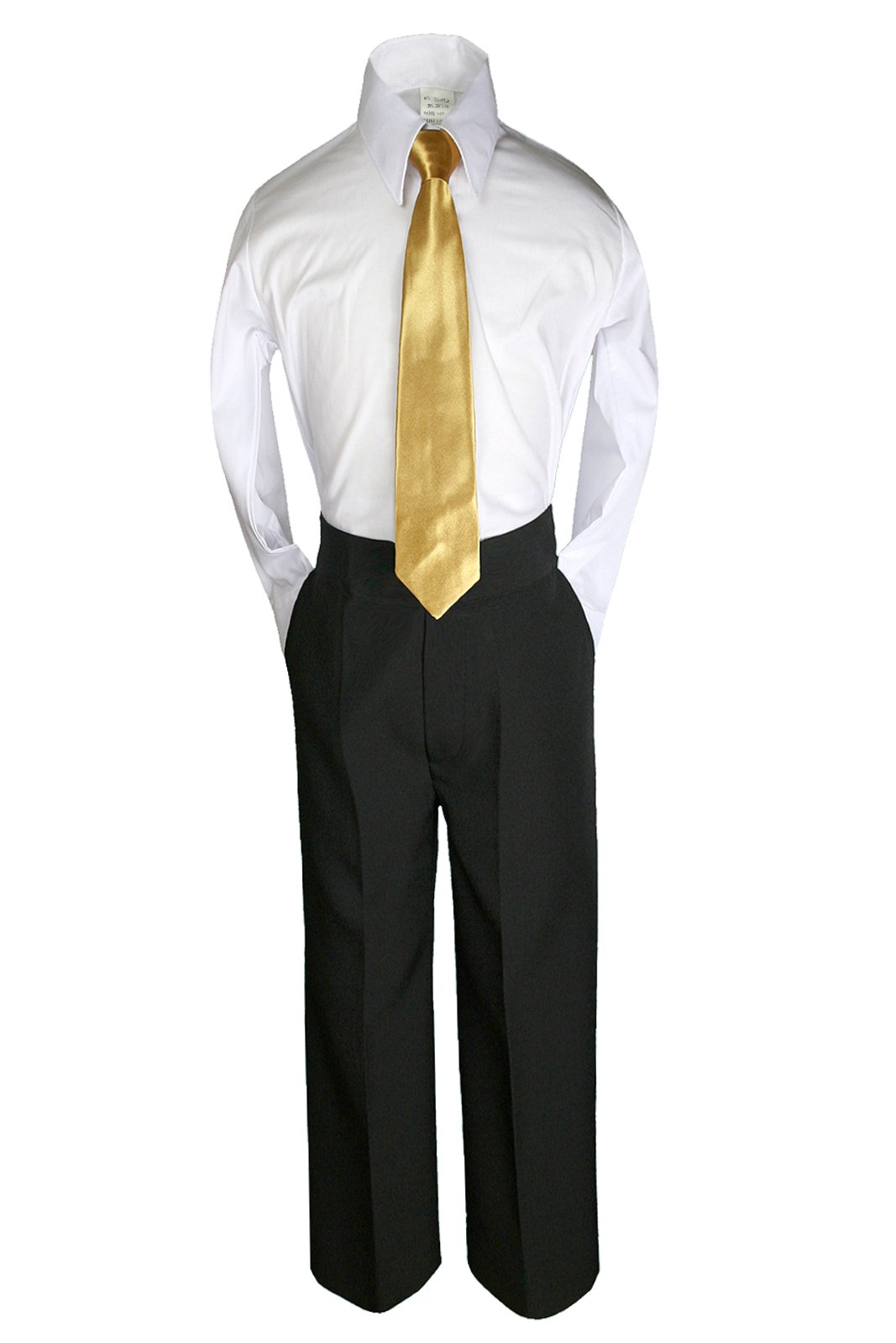 6-Piece Boys' Black Vest Formal Tuxedo Set with Satin Gold Necktie - Baby to Teen Sizes for Weddings, Parties & Special Occasions